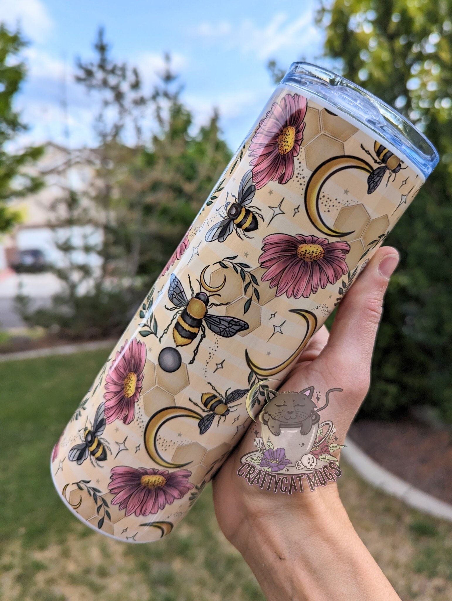 Cottagecore Bee Design Tumbler | Bee Tumbler | Pretty Floral Bee and Moons Tumbler