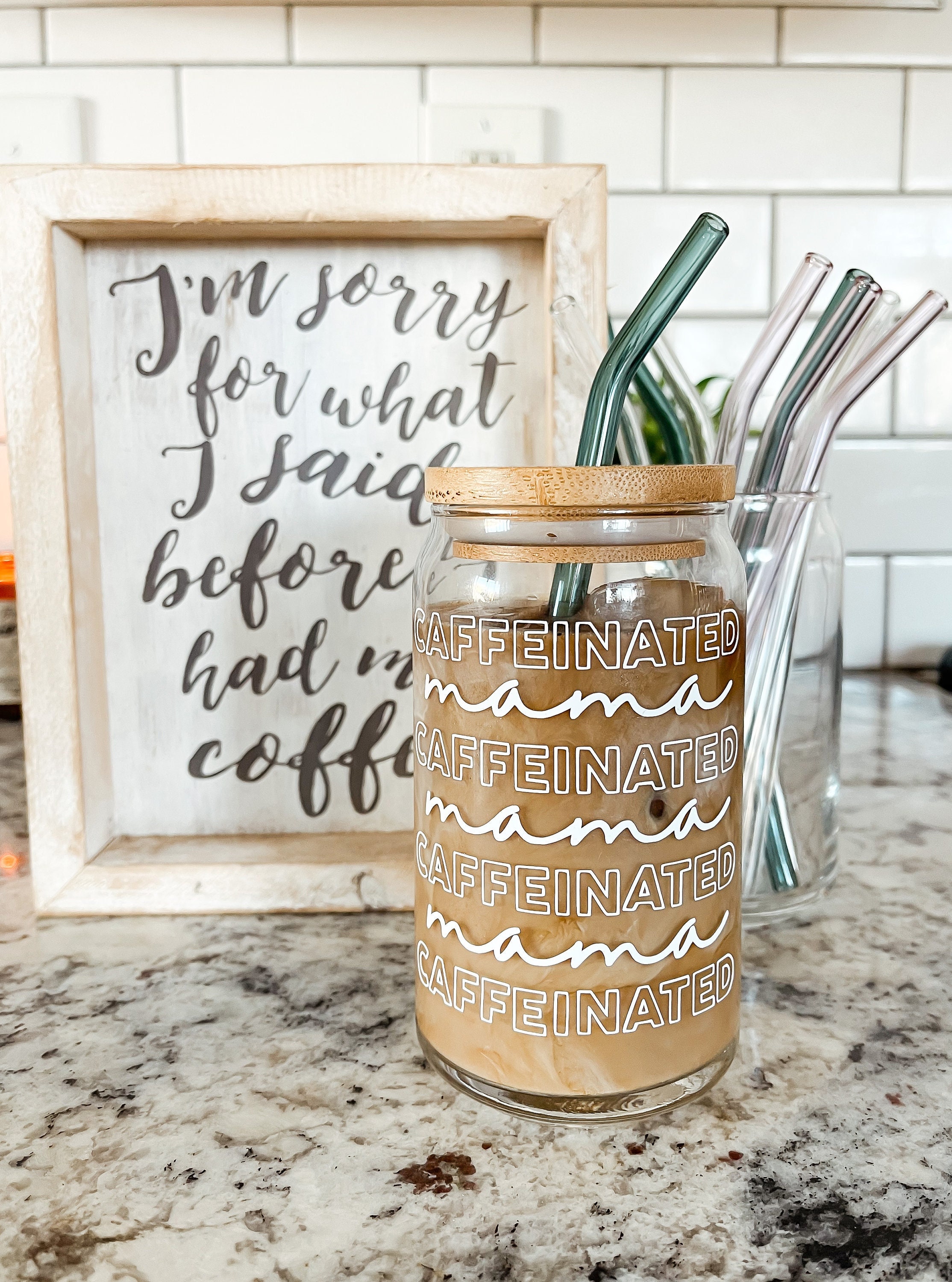 Caffeinated Mama Glass Tumbler, Coffee Glass, Gift for Mom, Beer Can Glass, Glass Coffee Cup, Iced Coffee Cup, Birthday, Mothers Day Gift