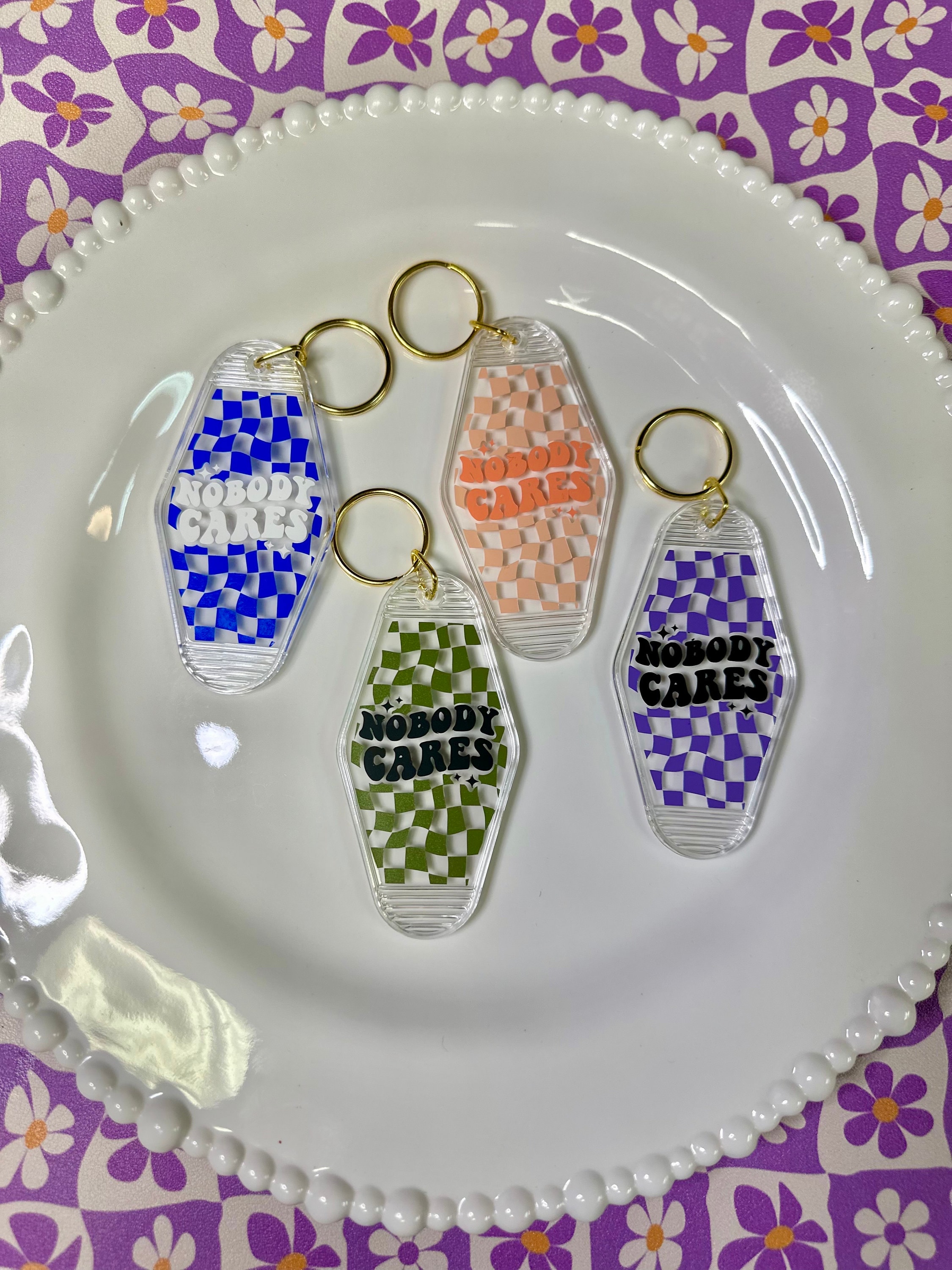 nobody cares  Motel Keychain, Keychains, Car Accessories, key chain for women, keychain favors, girl car parts, keys accessories, checkered