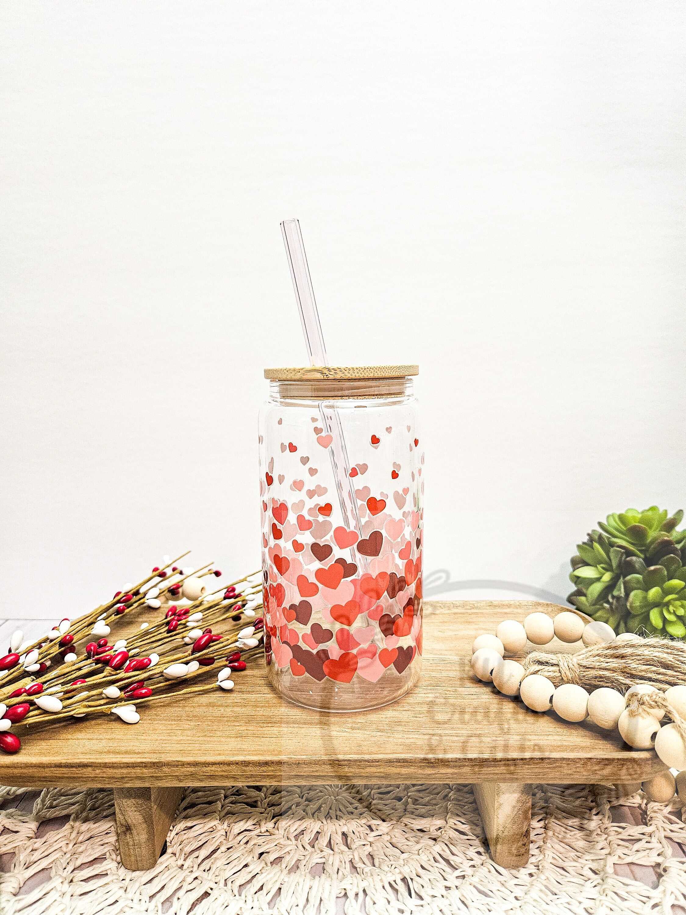 Confetti Hearts Glass Cup, Ombre Hearts Beer Can Glass, Cute Iced Coffee Cup, Gift for Friend, Aesthetic Glass Can, Hearts Valentines Cup