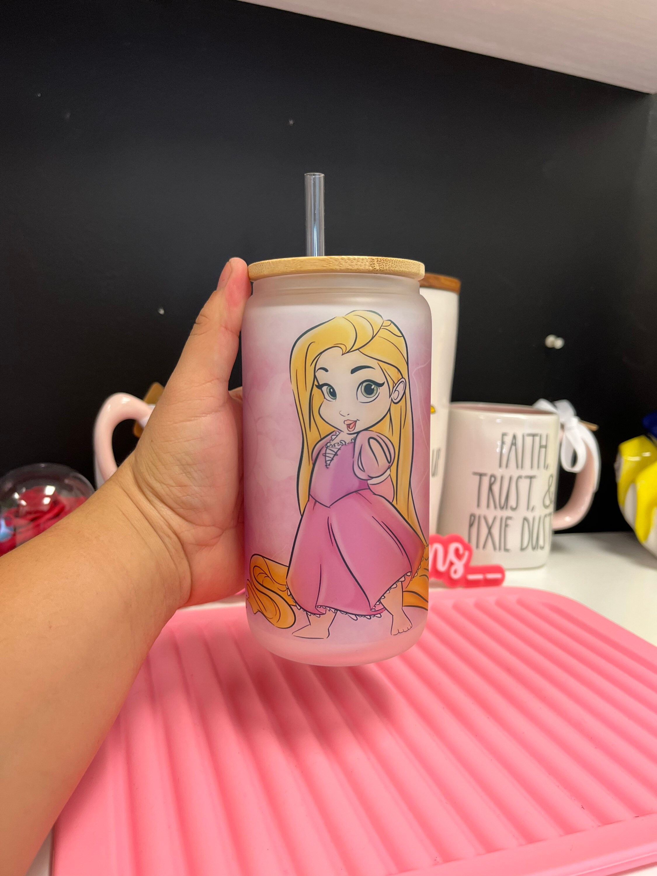 Rapunzel frosted glass can, Princess Glass can, Custom glass can