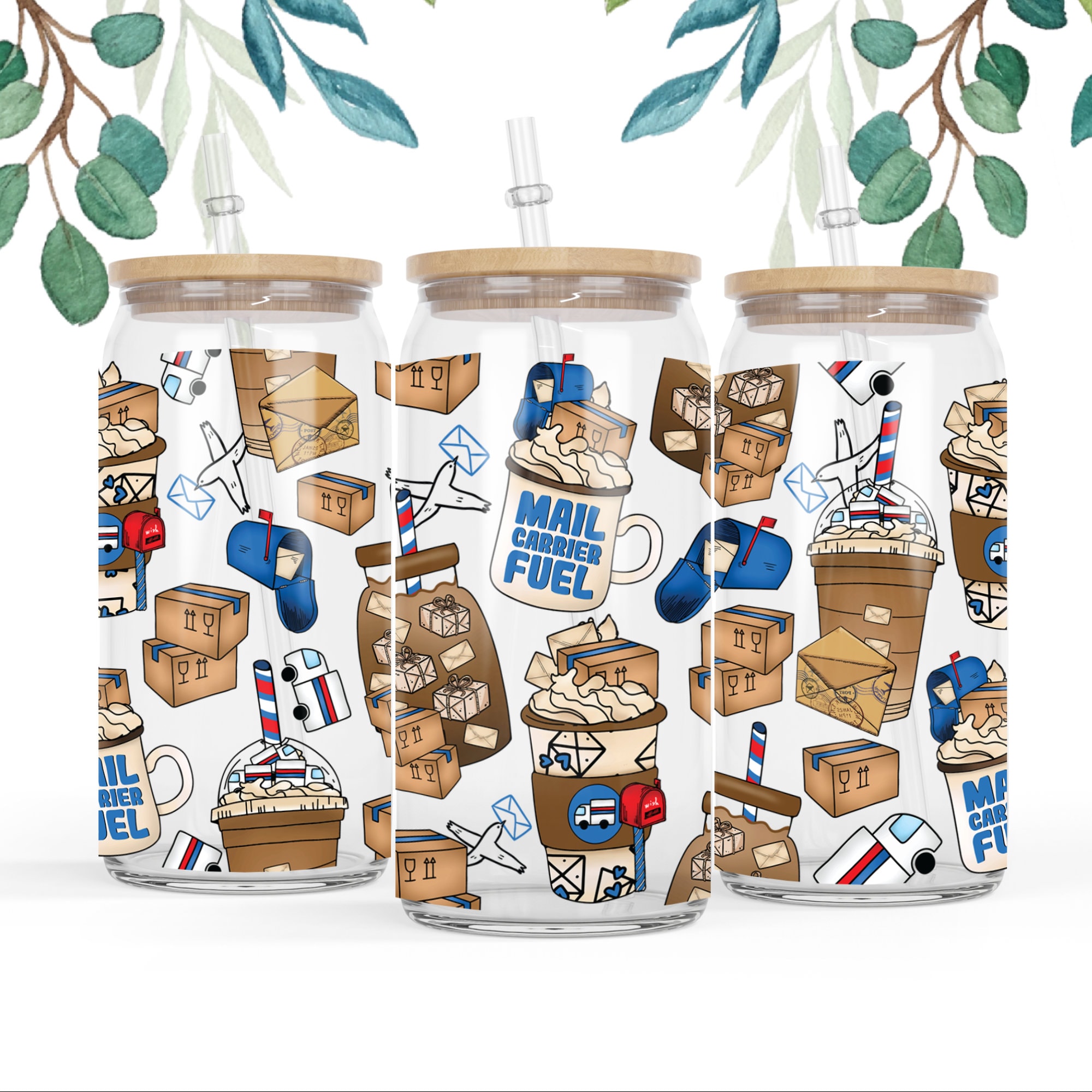 16 oz Libbey Beer Glass Can Hand drawn Seamless Pattern Mail carrier fuel Cute Coffee, Postal worker Post office Iced latte drink cozy