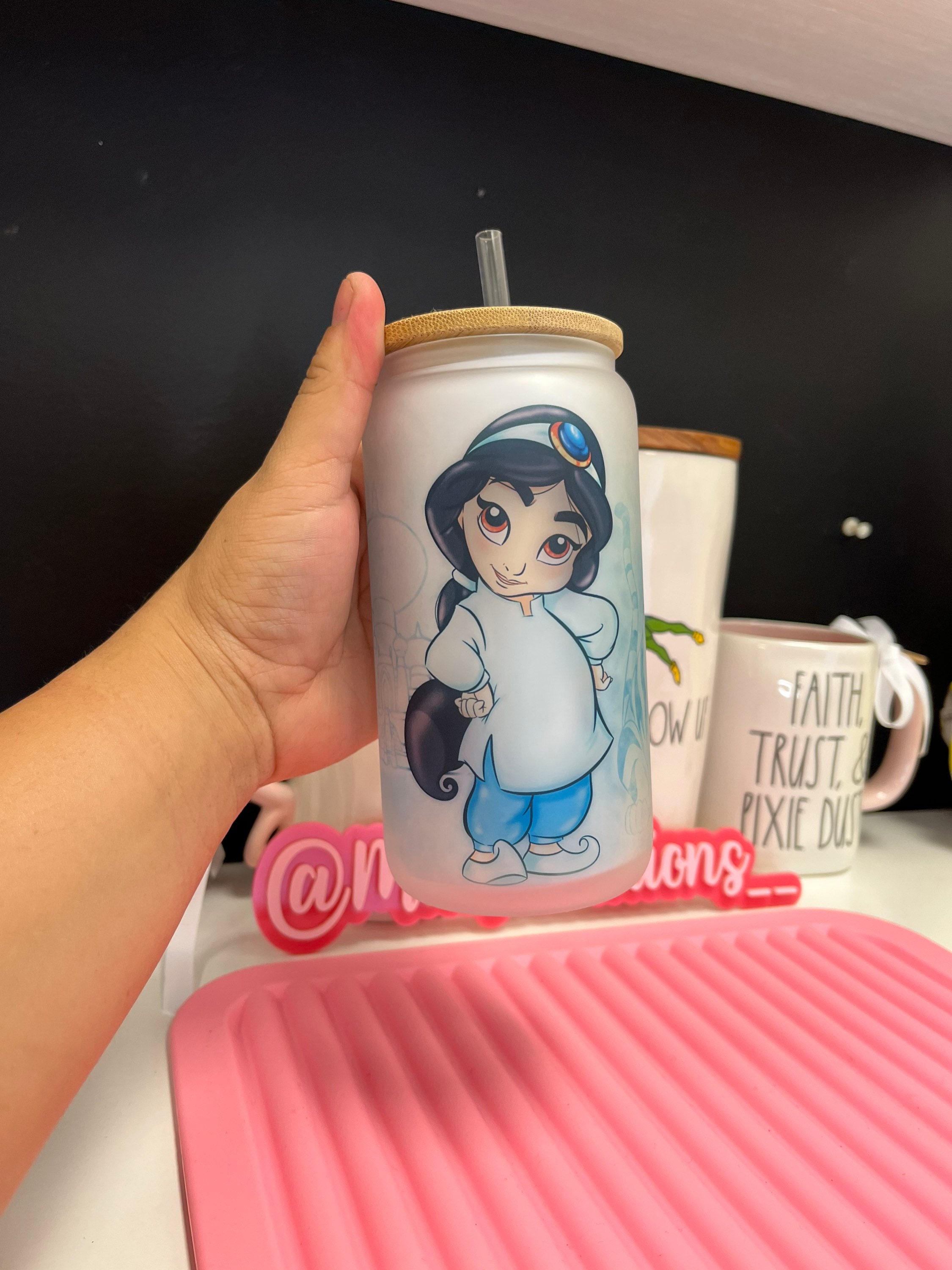 Princess Jasmine Frosted glass can, Custom glass can, Princess glass can