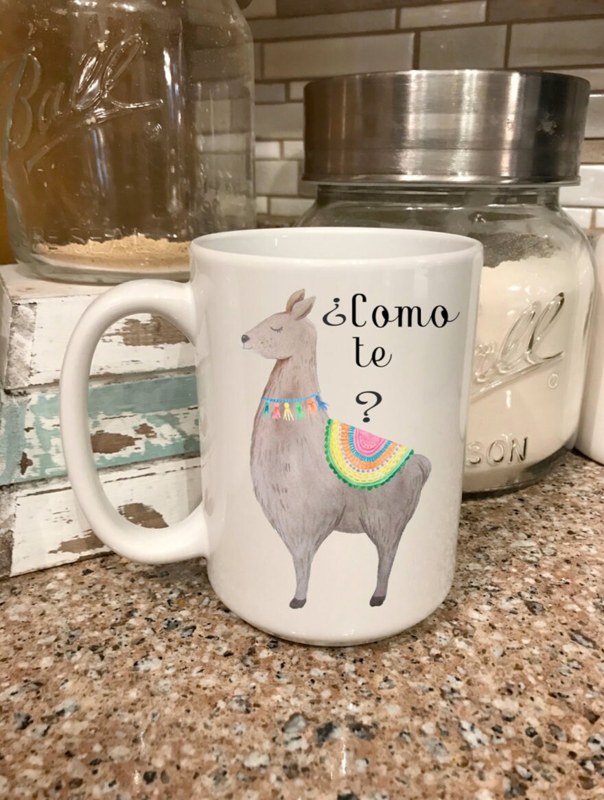 Como te llammas? coffee cup mug, funny Spanish coffee cup, funny llama gift coffee cup mug, funny coffee lover gift idea, Spanish gift