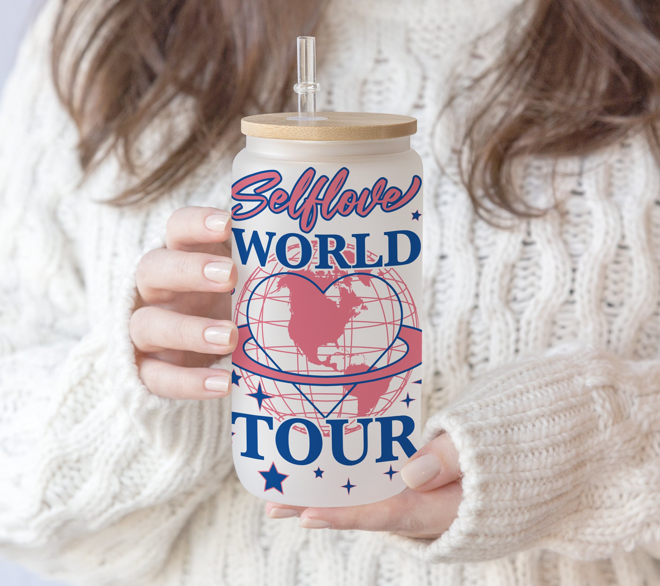 16 oz Libbey glass wrap Self Love World Tour | Trendy Tumbler Designs | Retro Affirmations | Tour Merch Vibes Positive Aesthetic Tumbler PNG