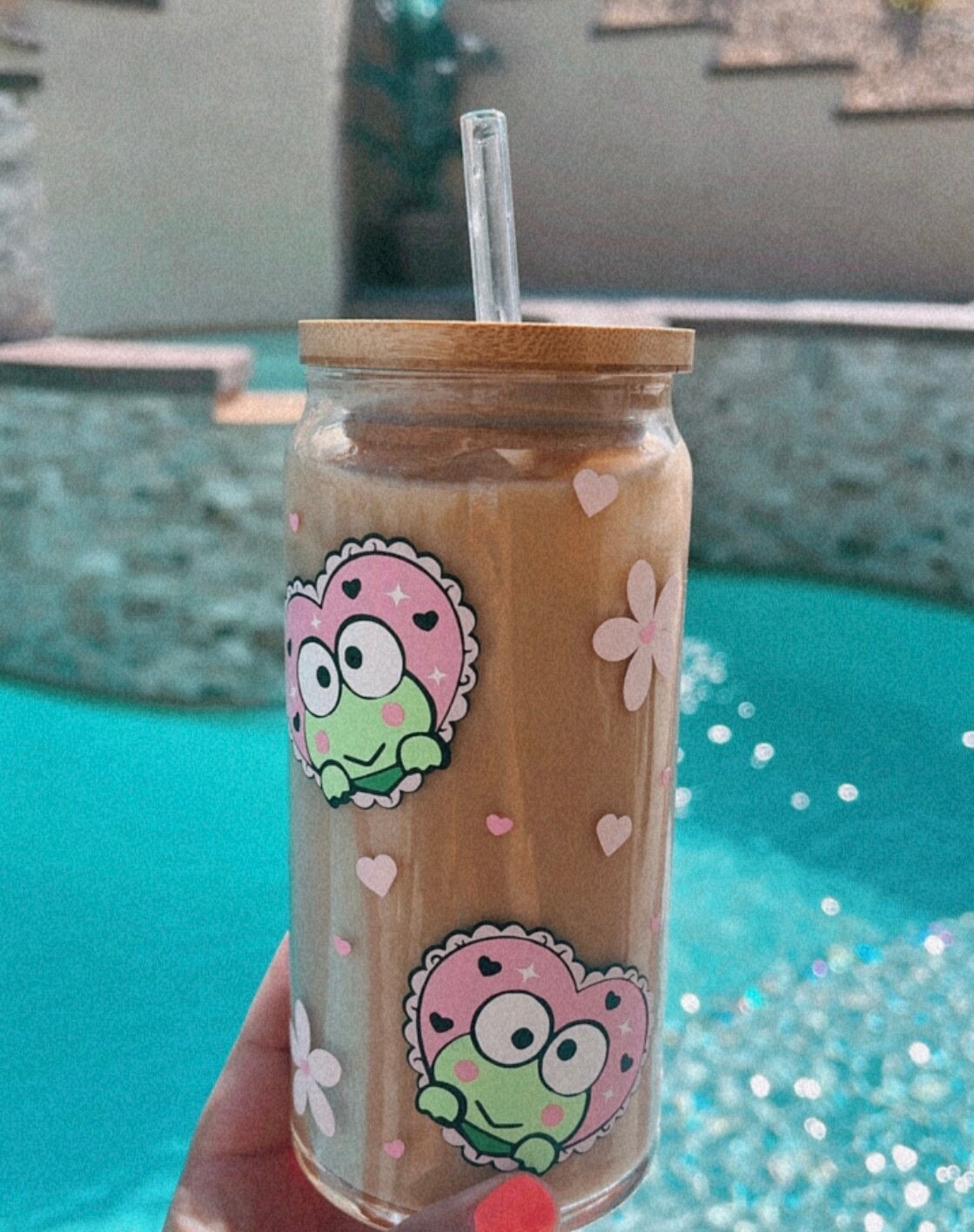 Keroppi Glass| Keroppi Tumbler| Trending glass cup with lid and straw