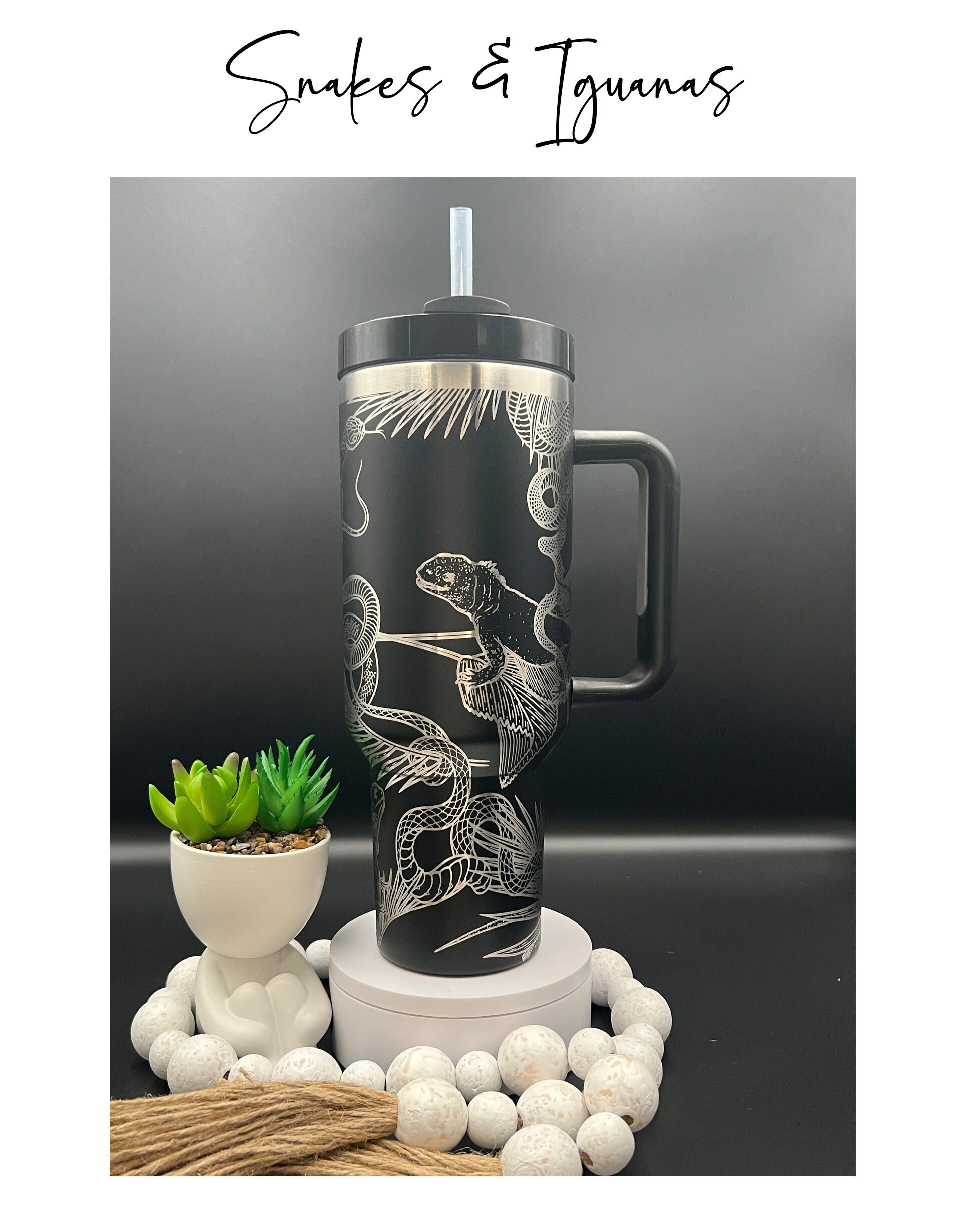 Snakes & Iguanas Laser Engraved 40oz Black Custom Seamless Non-Branded Tumbler with Handle Lid and Straw, Double Wall Insulated Cup