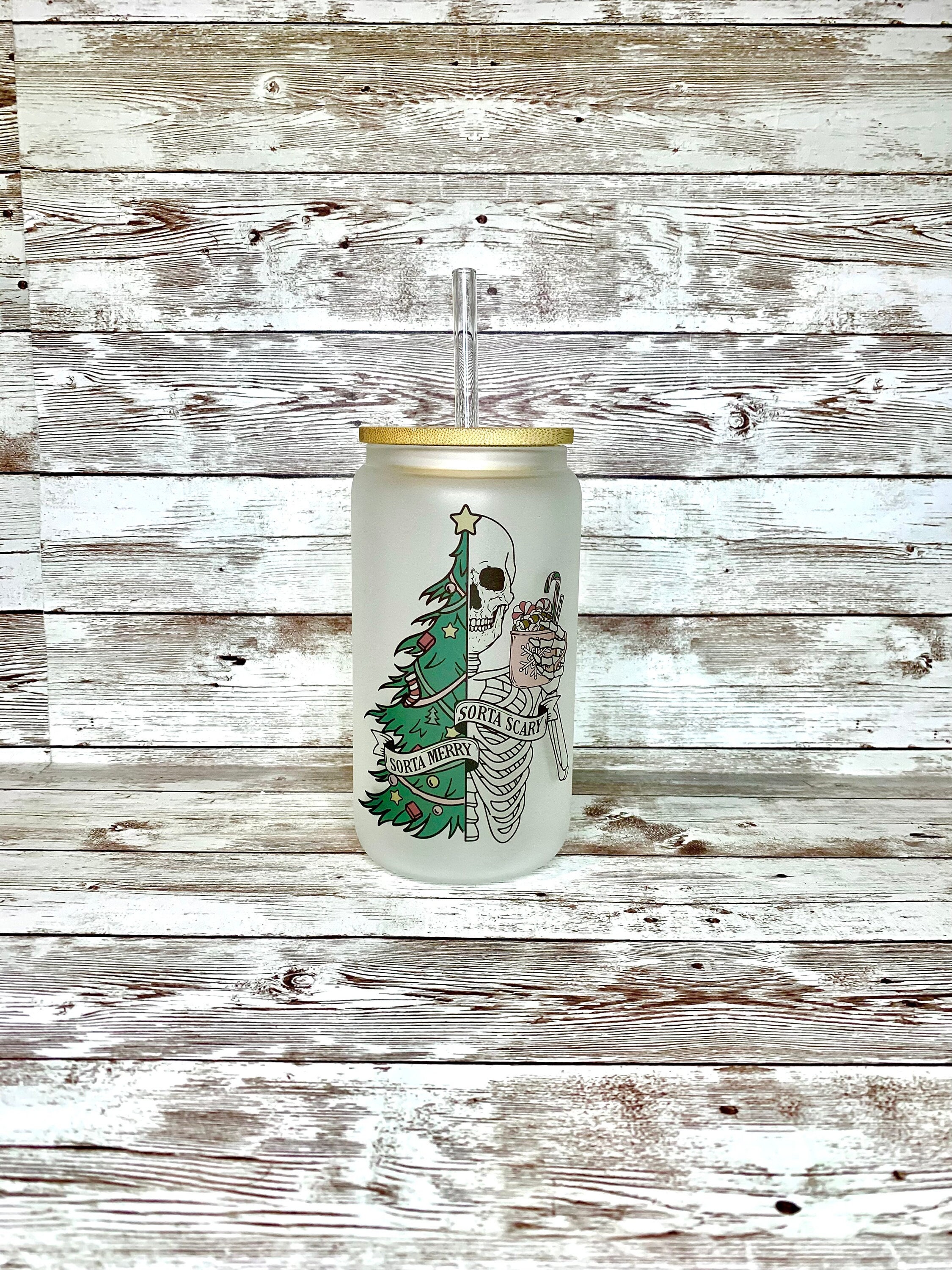 Christmas Frosted Beer Can Glass / Christmas Skeleton Cup / Holiday Tumbler / Stocking Stuffer Gift for Her / Sorta Merry Sorta Spooky