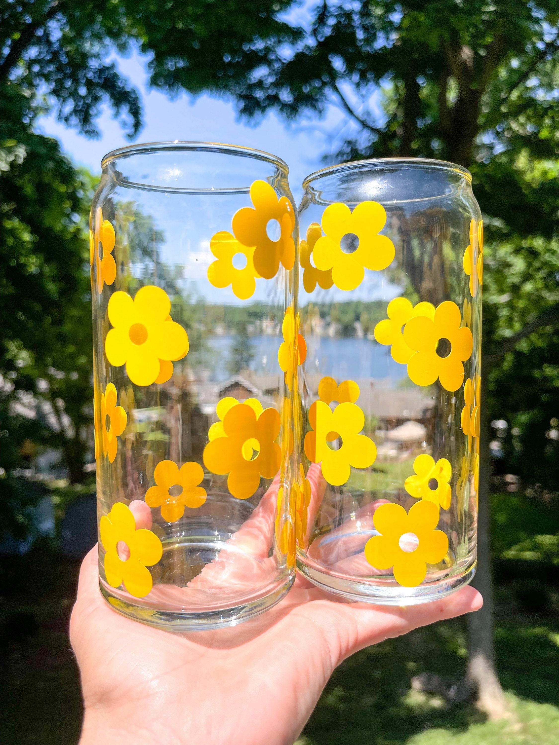 Retro Daisies Can Glass | Daisies Iced Coffee Cup| Personalized Glass Can | Birthday Gift | Can Glass