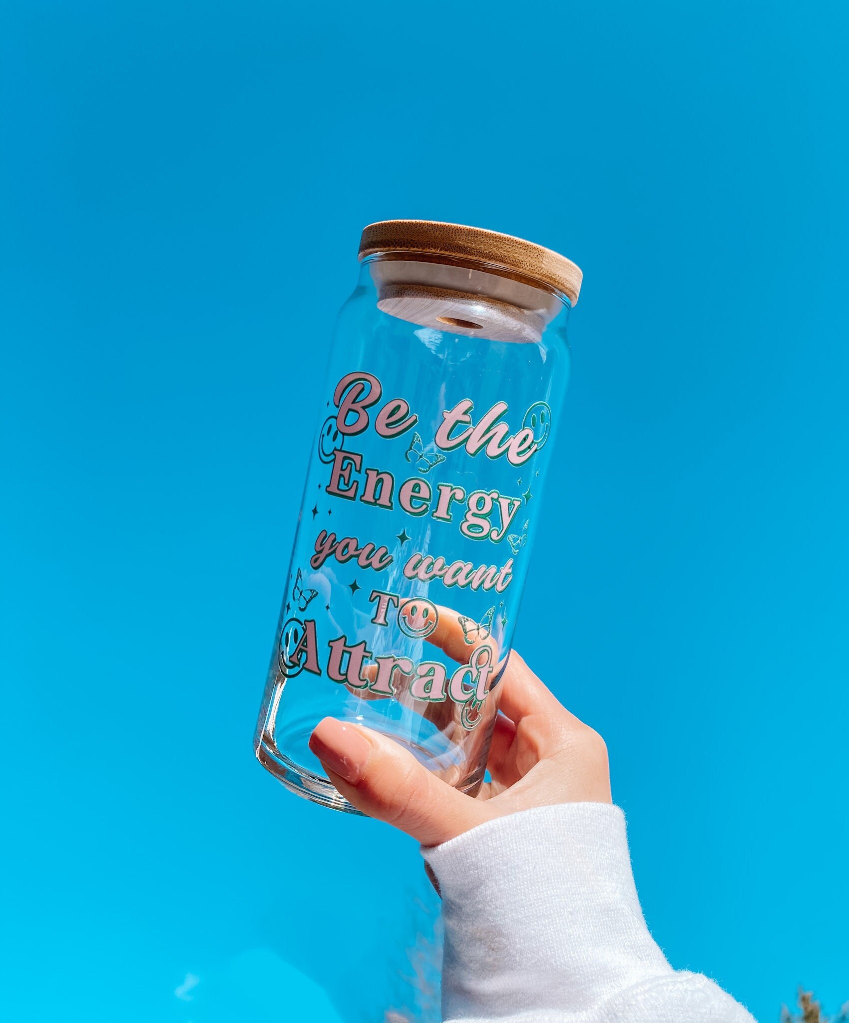 Be The Energy Glass Cup, Iced Coffee Glass Cup, Positive Quote Glass Cup