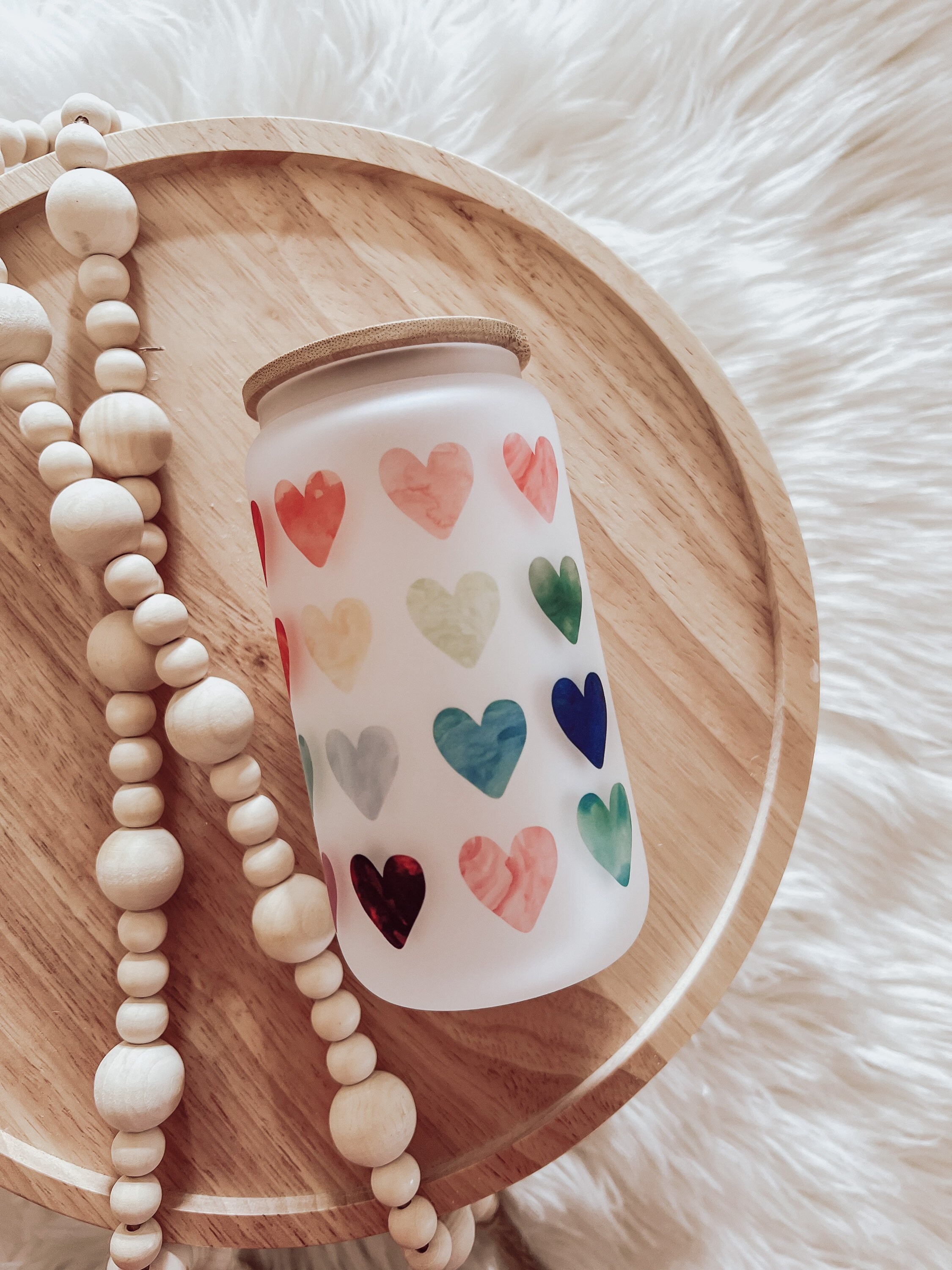 Heart Cup, Watercolor Hearts, Valentines Day, Iced Coffee Cup, Aesthetic Coffee Cup, Glass Can Cup, Smoothie Cup, Bamboo Lid & Straw