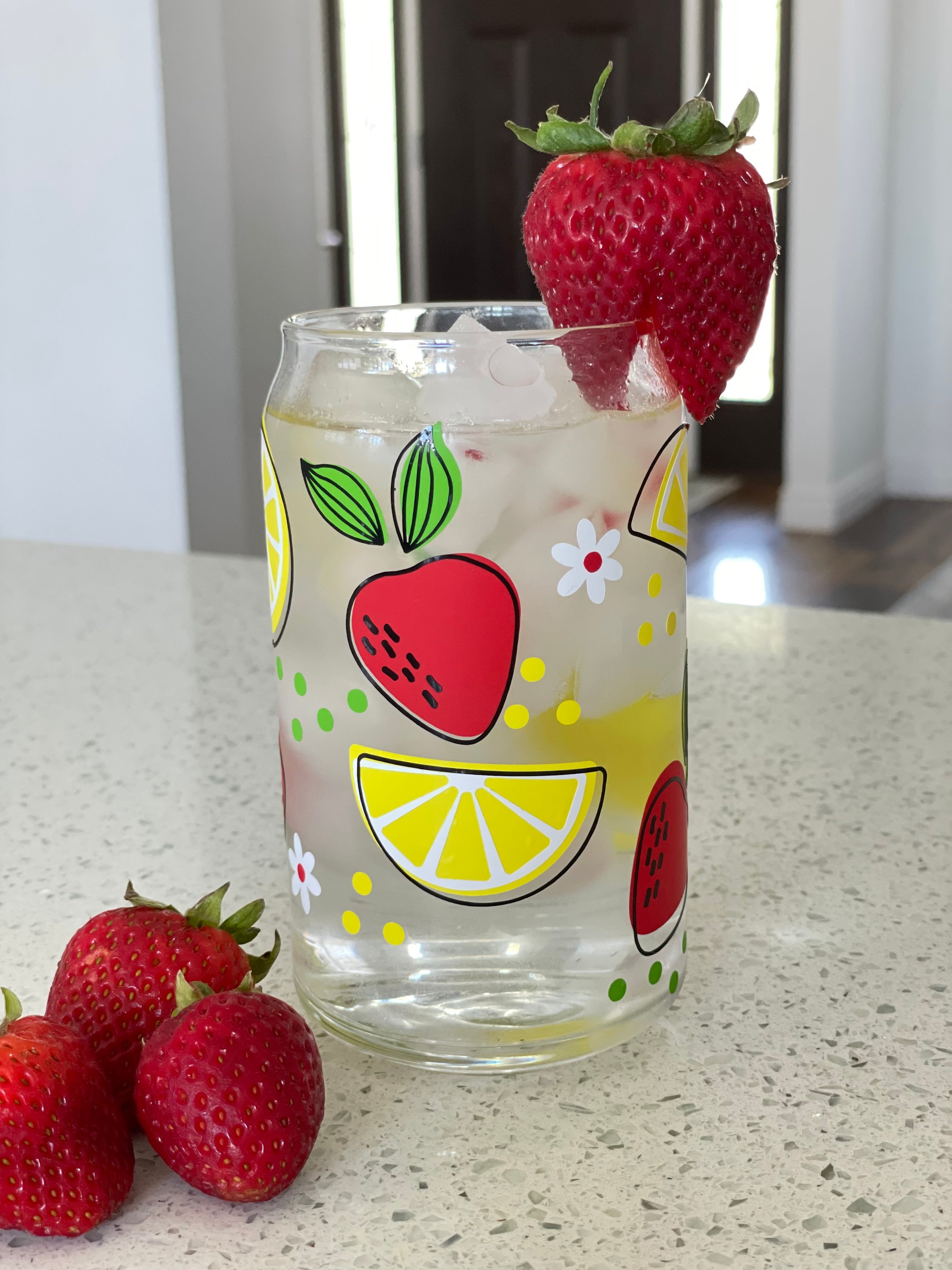 Lemons and Strawberries glass cup, strawberry lemonade beer glass cup, abstract strawberry and lemons, BoHo style glass cup