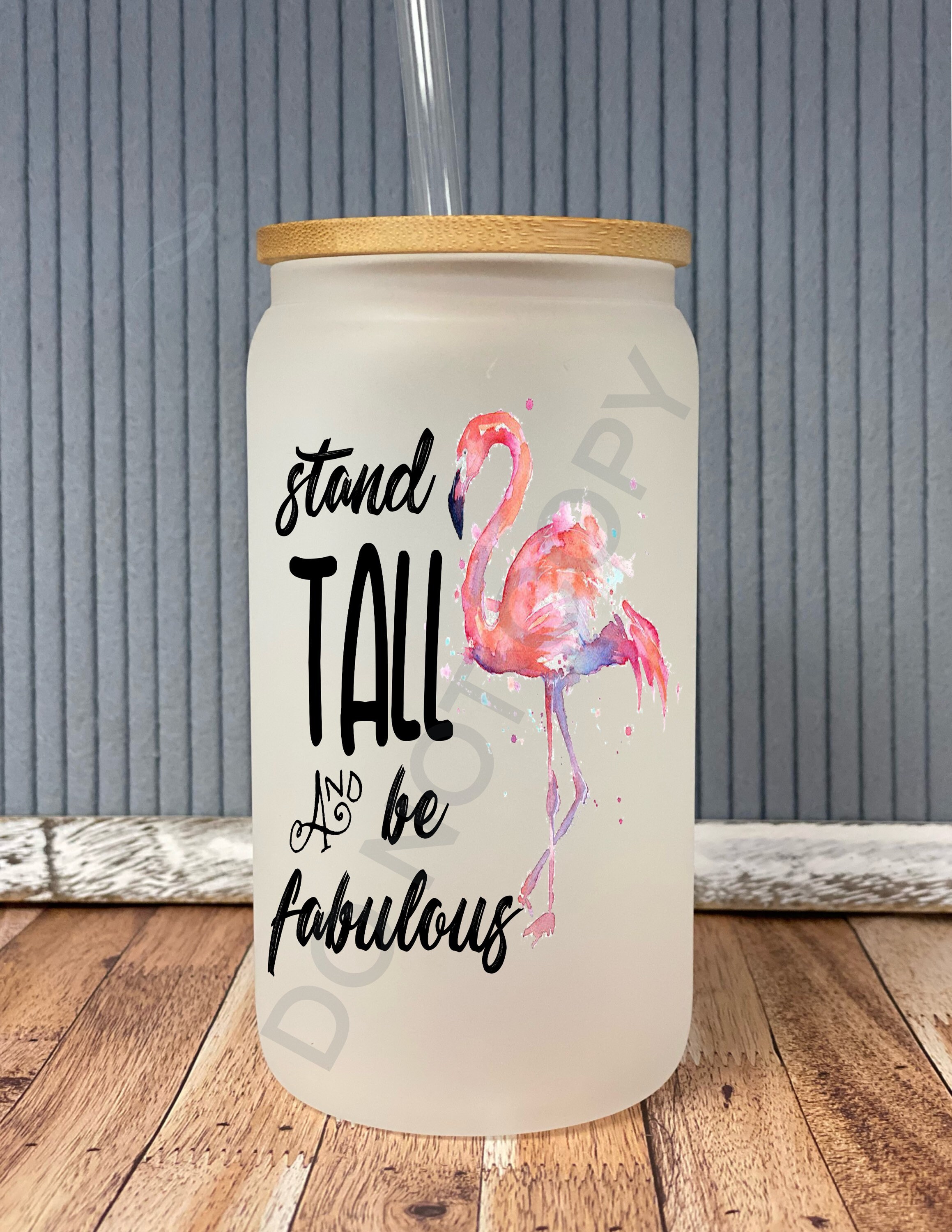 Stand tall and be fabulous- frosted can shaped glass with lid and straw