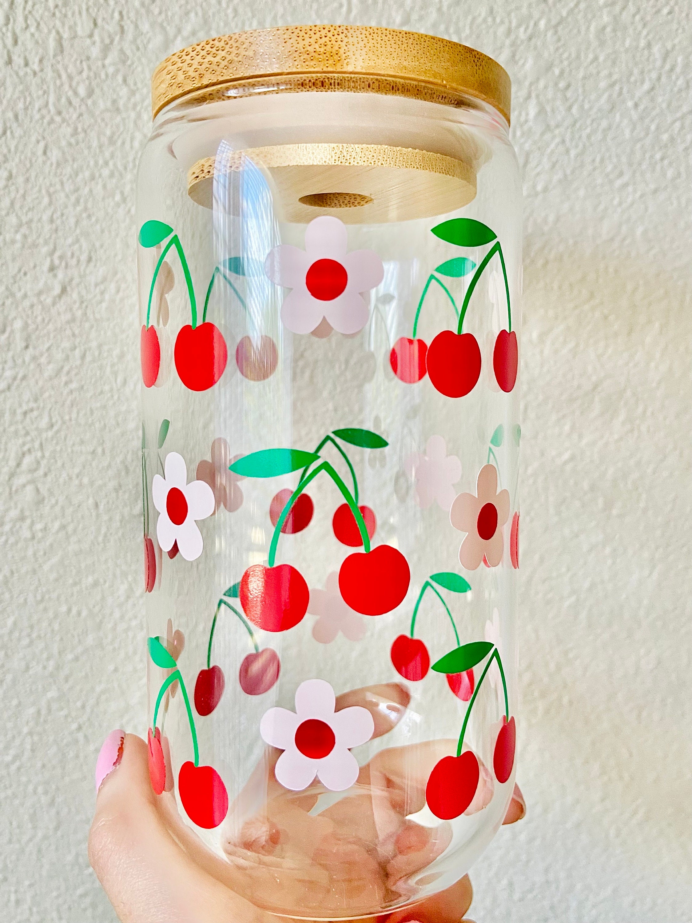 Cherry glass cup | 16oz libbey glass cup | iced coffee cup | glass cup with bamboo lid and straw | gifts for her | Cherry cup | cherries |