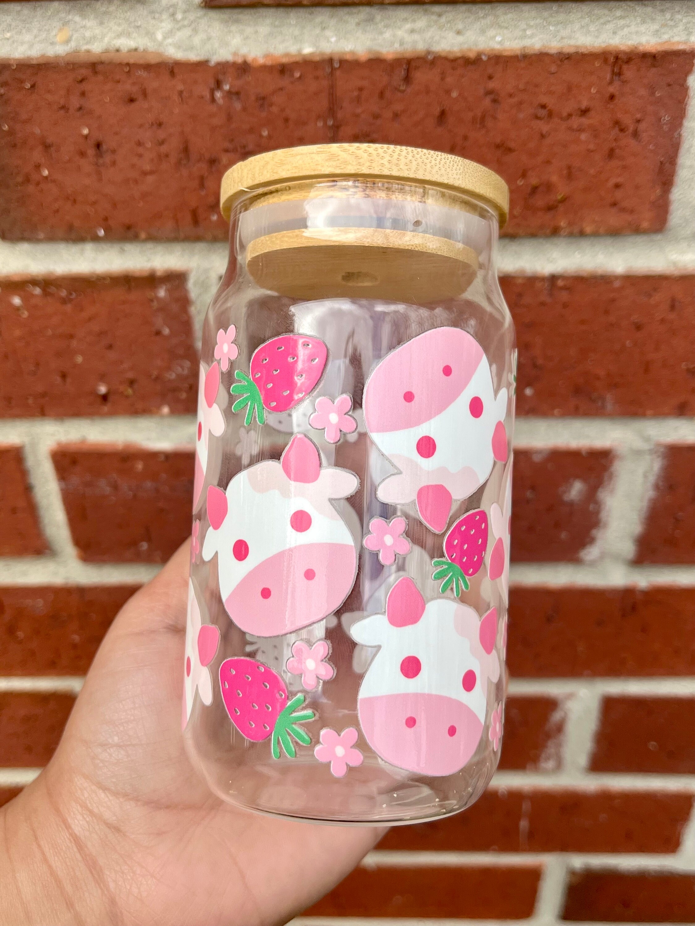 Cow Print Glass Cup, Cow Print Libby Cup, Cow Print Cup, Fresa Themed Cup, strawberry Glass Can, Glass Coffee Cup, Birthday Gift