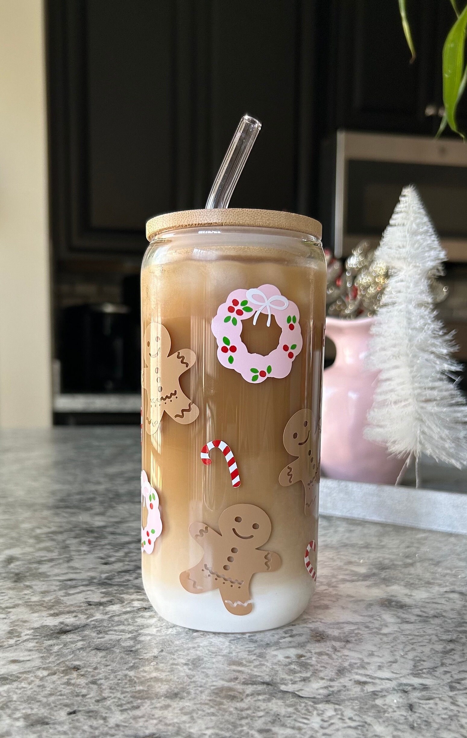 Gingerbread Christmas Cup | Holiday Glass Cup | Iced Coffee Glass with Straw | Cute Christmas Cup with Straw | Pink Christmas Cup