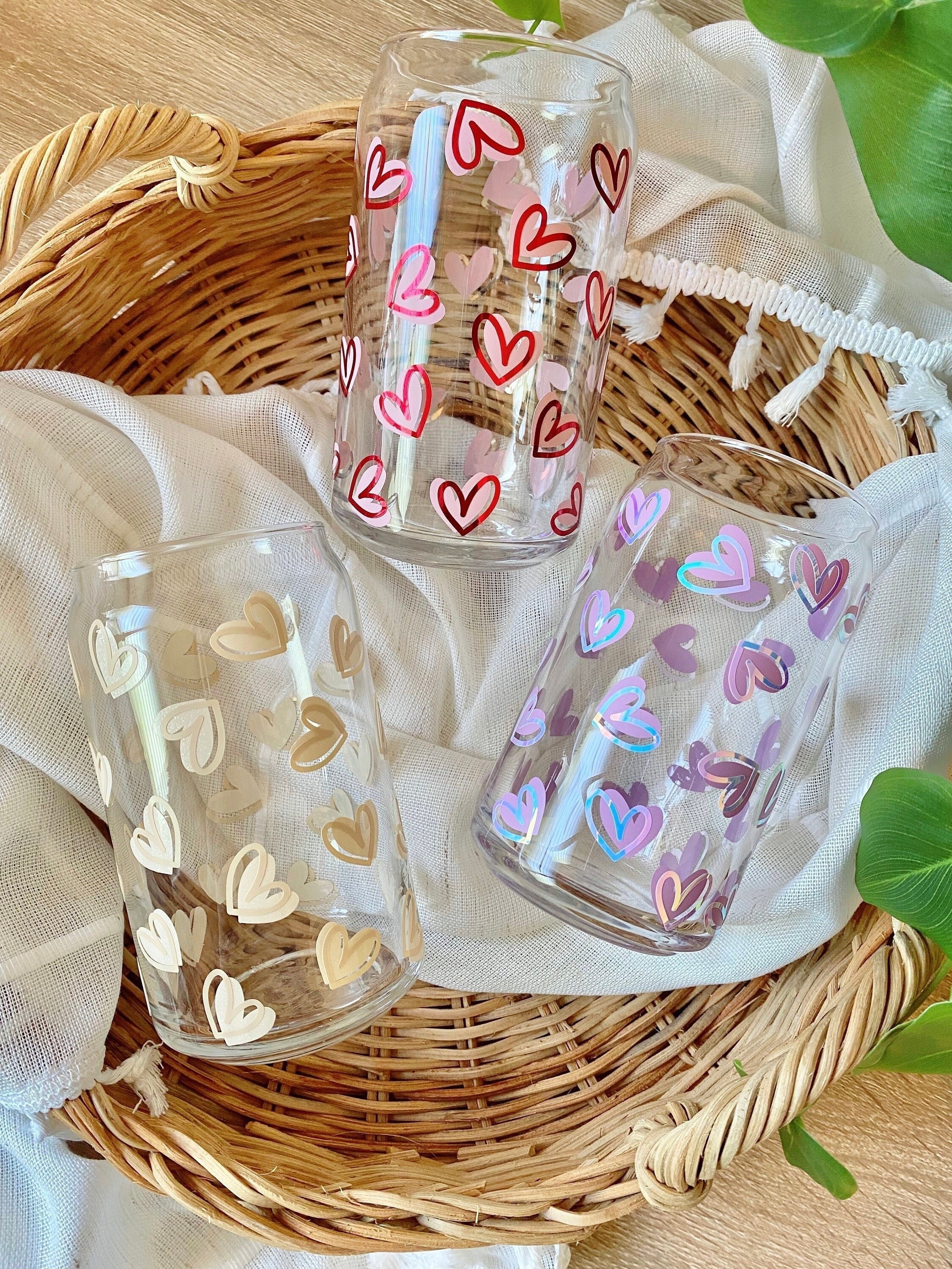 Cute Hearts Beer Can Glass, Valentines Hearts Iced Coffee Glass, Valentines Day Cup, Galentines Gift, Gift For Her, Hearts Drinking Glass