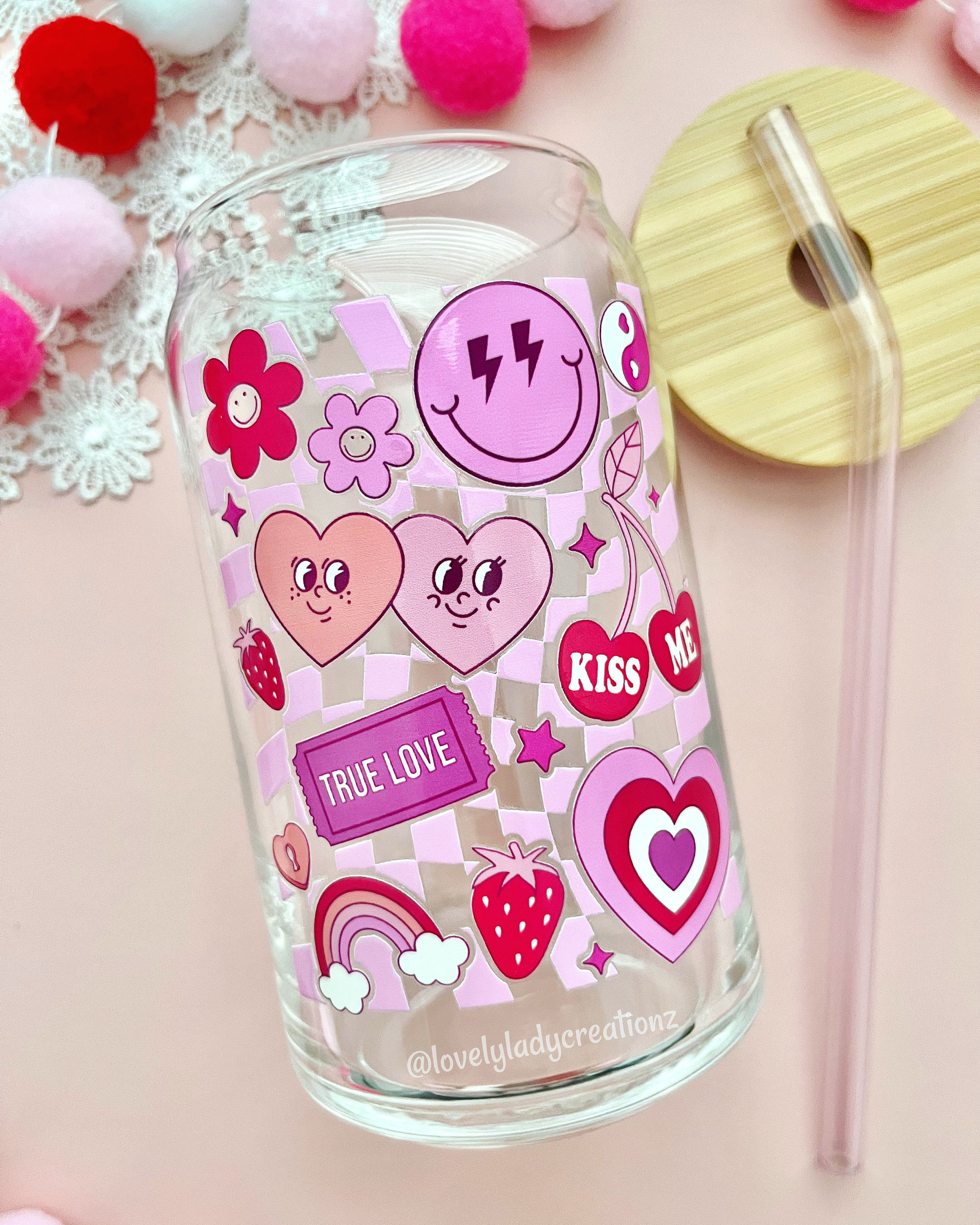 Retro Valentines Glass Cup / Valentines Day Glass Cup / Iced Coffee Glass / Cute Coffee Cup / Valentines Gift / Gifts for Her