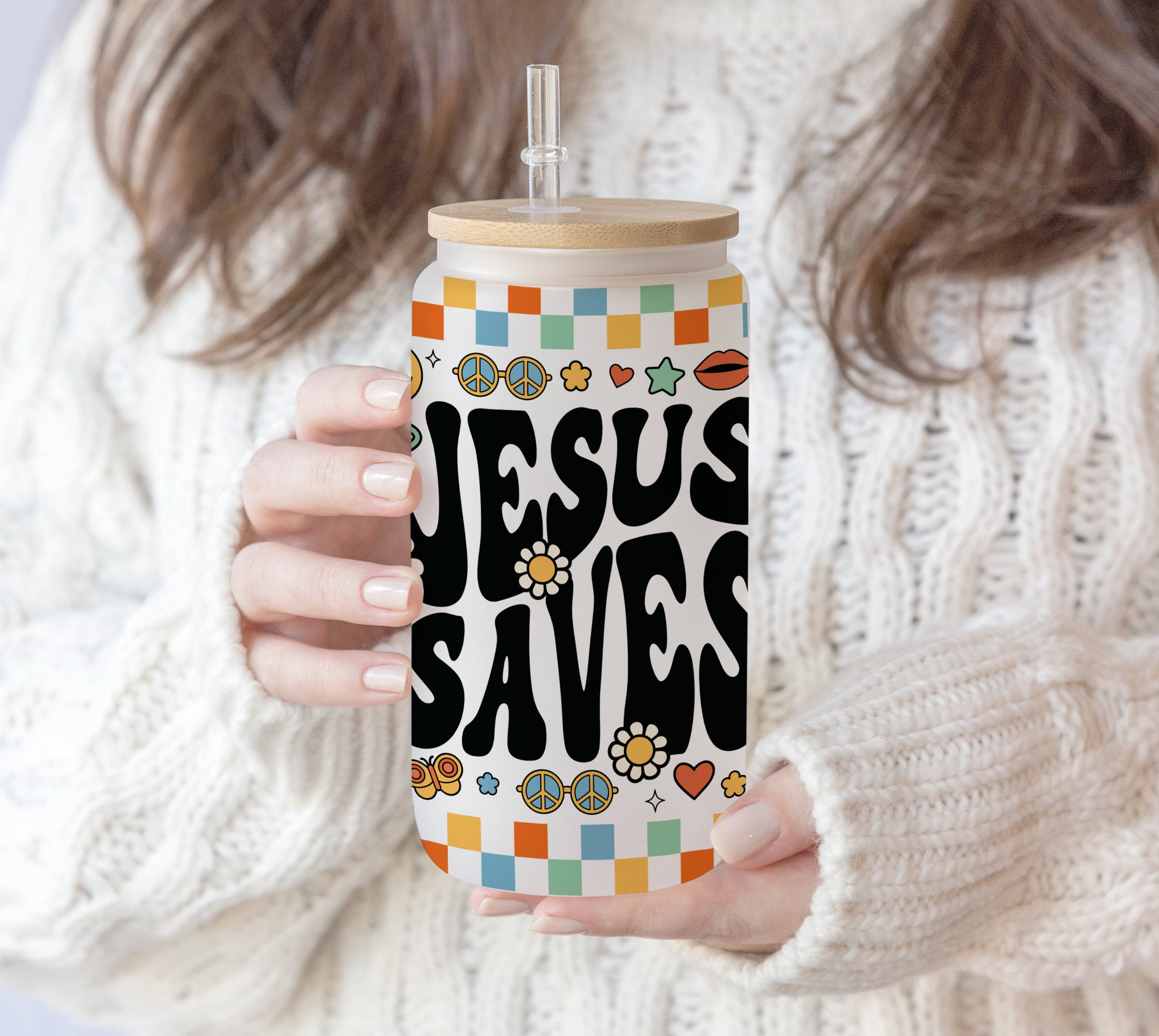 16 oz Libbey Glass Can Tumbler Sublimation Retro Jesus Saves Christian Bible Verse Boho Groovy Checkered Floral Design | Smiley face PNG