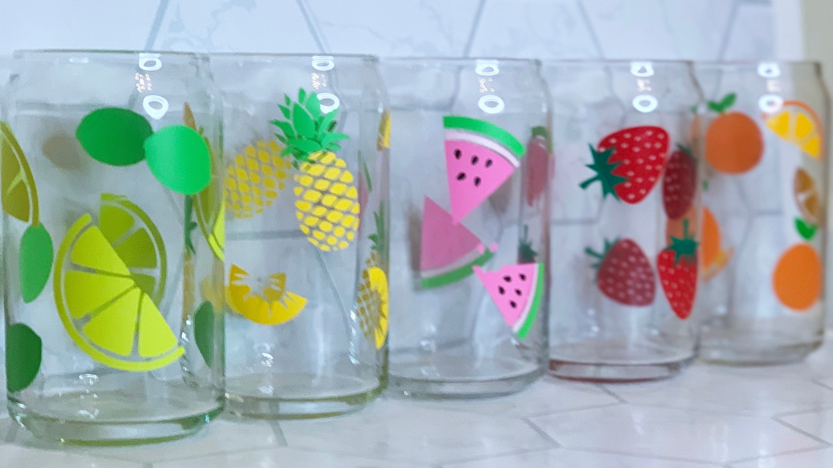 Summer Fruit Beer Can Glass / Strawberry Watermelon or Orange or Pineapple / Iced Coffee Cup for Spring / Fun Citrus Inspired Soda Can Cup