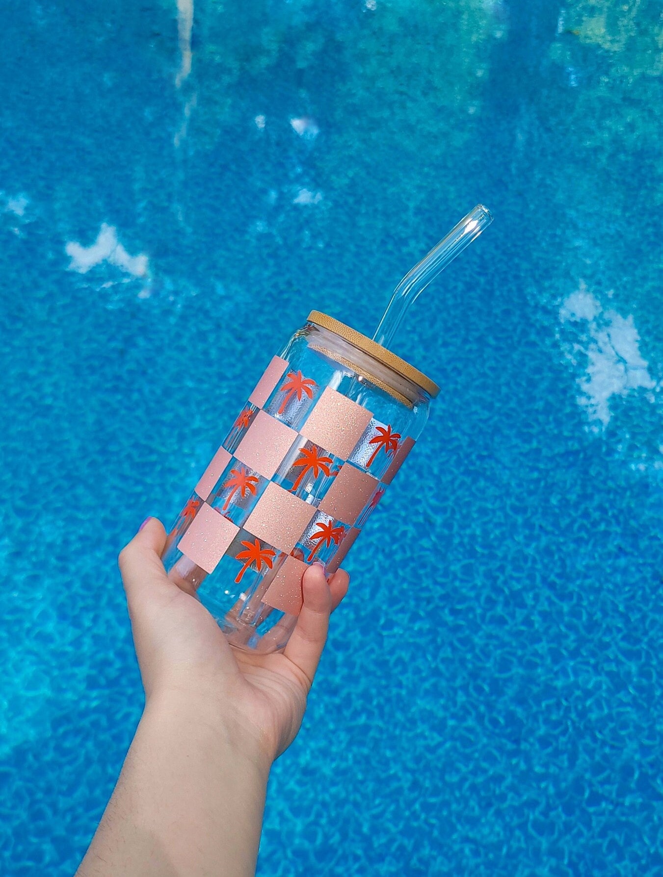 Checker Iced Coffee Cup, Palm Tree Glass Cup, Summer Aesthetic Glass Tumbler, Beachy Reusable Cup With Lid And Straw, Summer Vibes 16 oz Cup