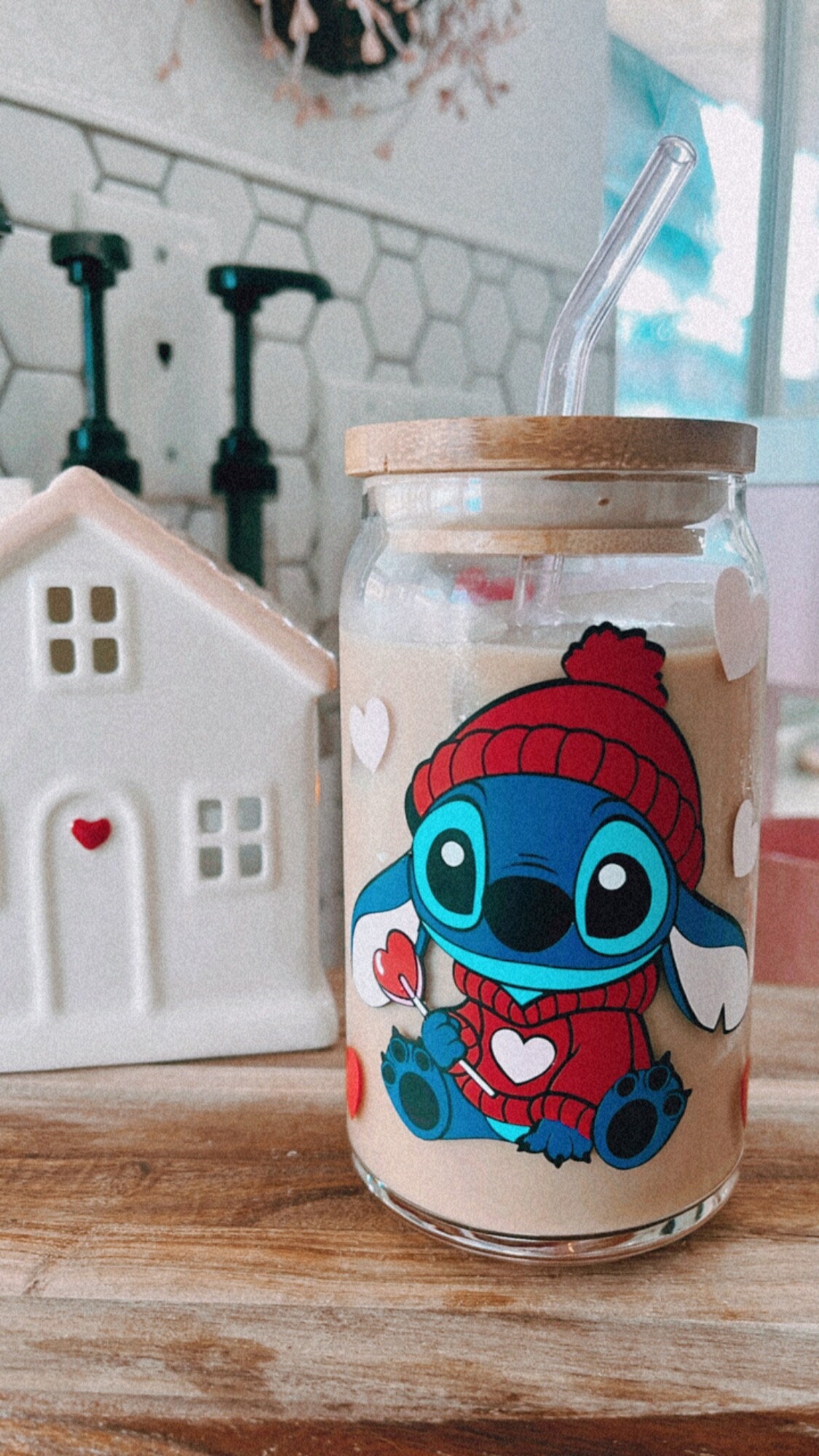 Valentines Day Stitch Glass| Stitch glass| Vday Glass