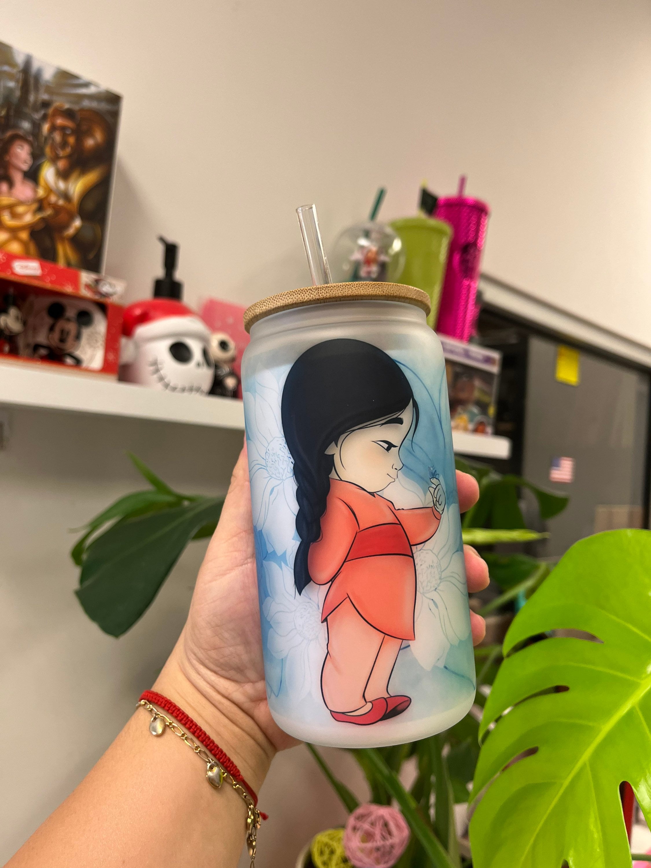 Baby Mulan frosted glass can, Custom glass can, Princess Mulan frosted glass can