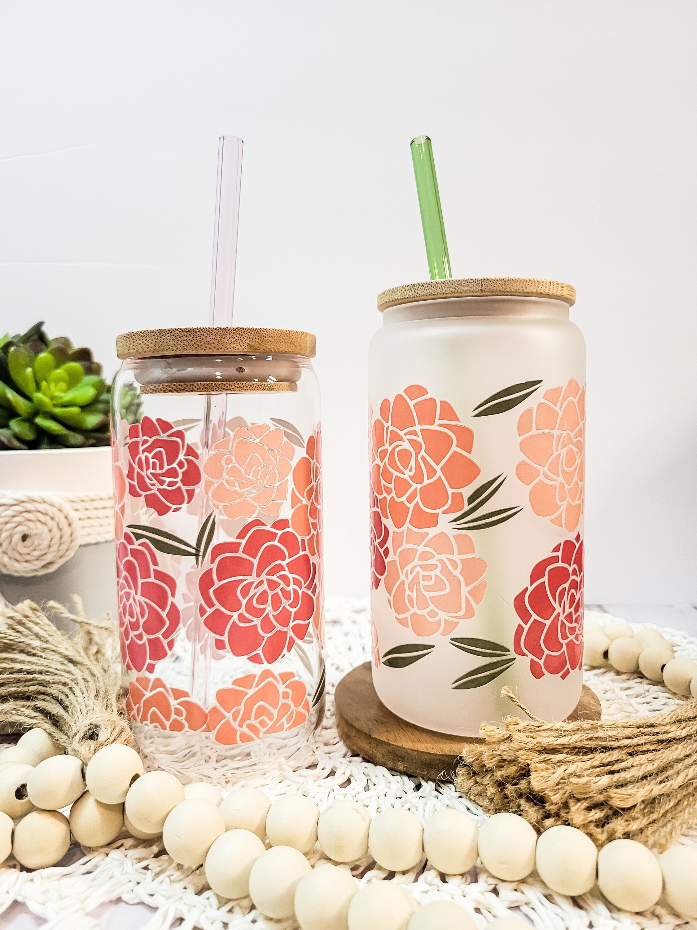 Peonies Beer Can Glass, Peony Glass Tumbler, Iced Coffee Glass Cup, Flowers Glass Can with Lid, Mothers Day Gift, Bridesmaid Proposal Box