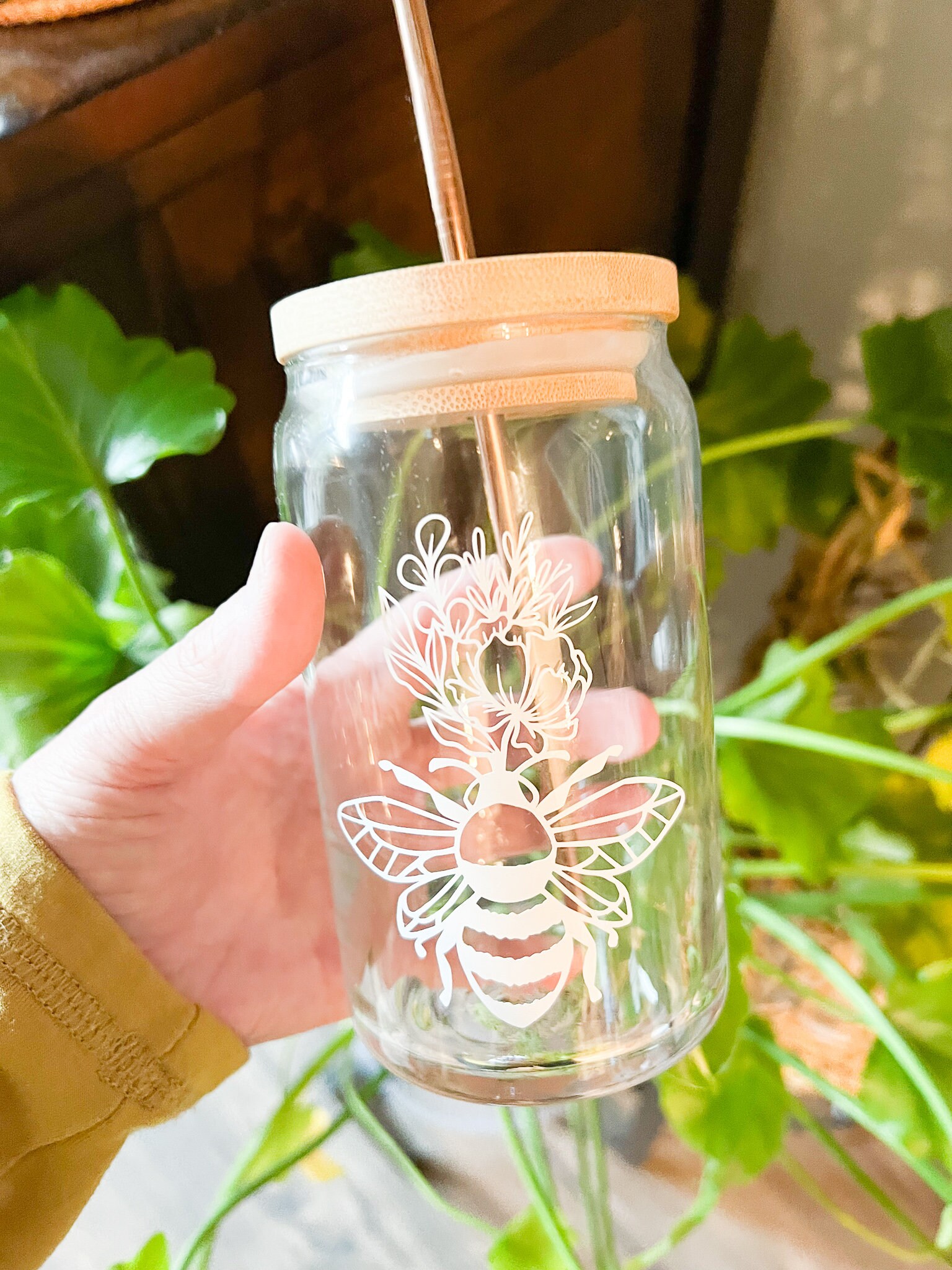 Bee Coffee Cup, Bumble Bee Drinkware, Ice Coffee Drink, Bee & Flowers Glass Mug, Personalized Gift, Honey Bee Design, 16 oz Can Glassg