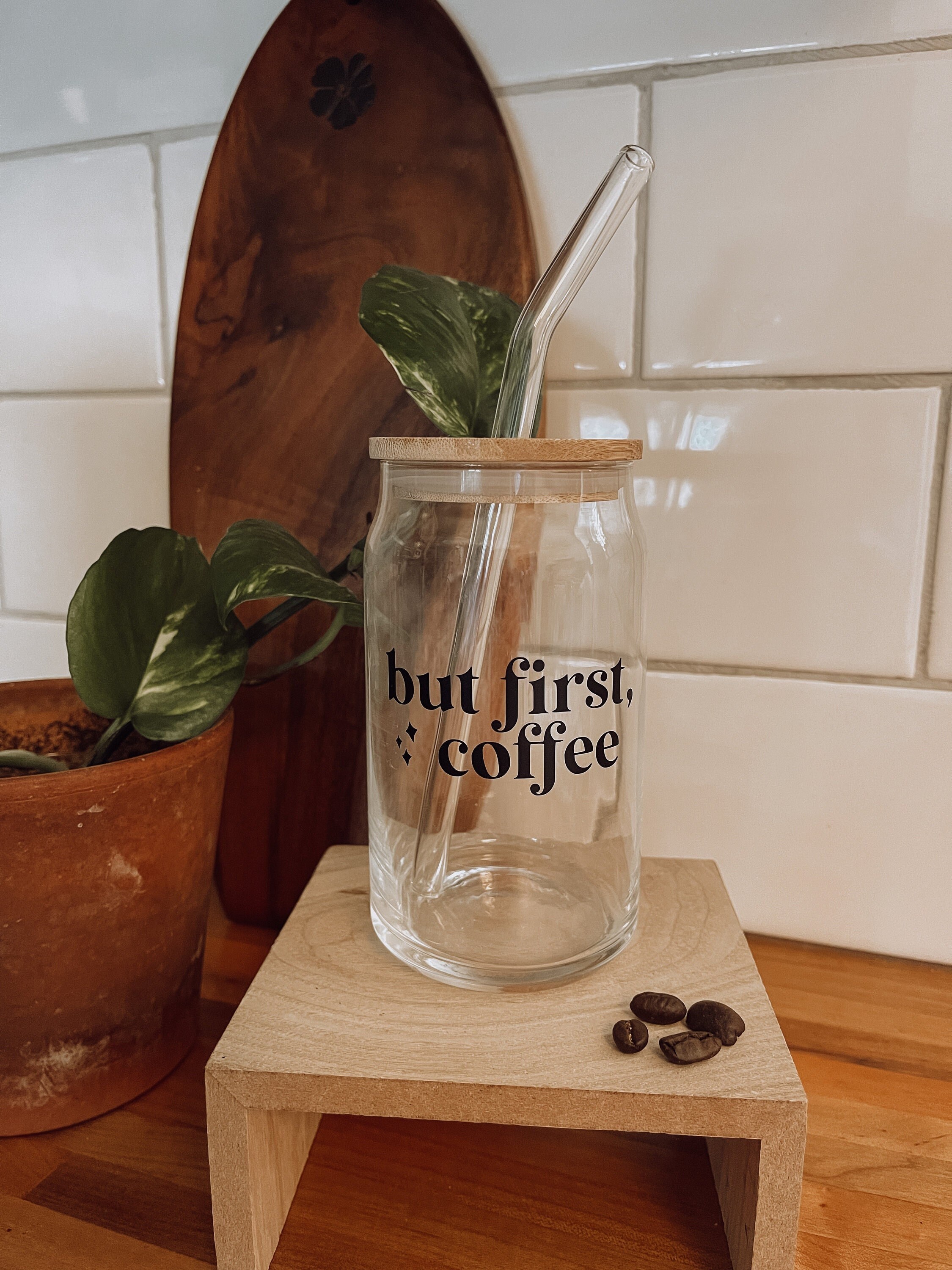 But First, Coffee Iced Coffee Glass with Bamboo Lid & Glass Straw 16 oz | Beer Can Glass, Can Glass, Tumbler, Cup, Cups