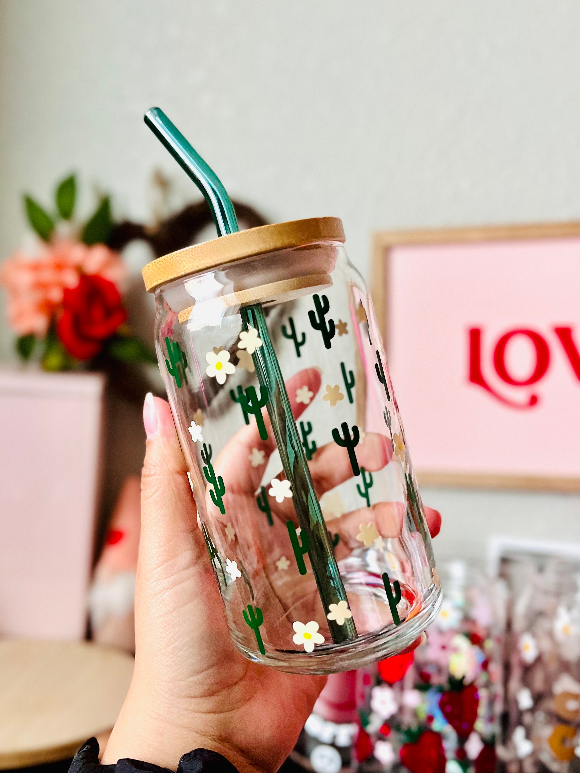 Floral Cactus Daisies 16 oz Beer Can Glass | Valentines Day | Spring Cup | Self Love | Iced Coffee | Smoothie Glass | xoxo Boho | Daisy