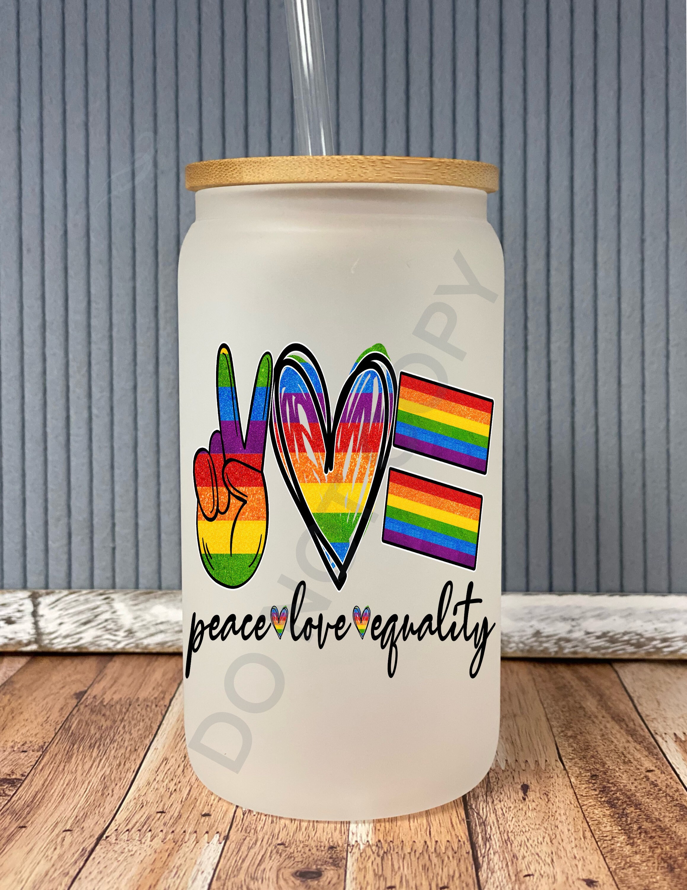 Peace love equality- frosted can shaped glass with lid and straw