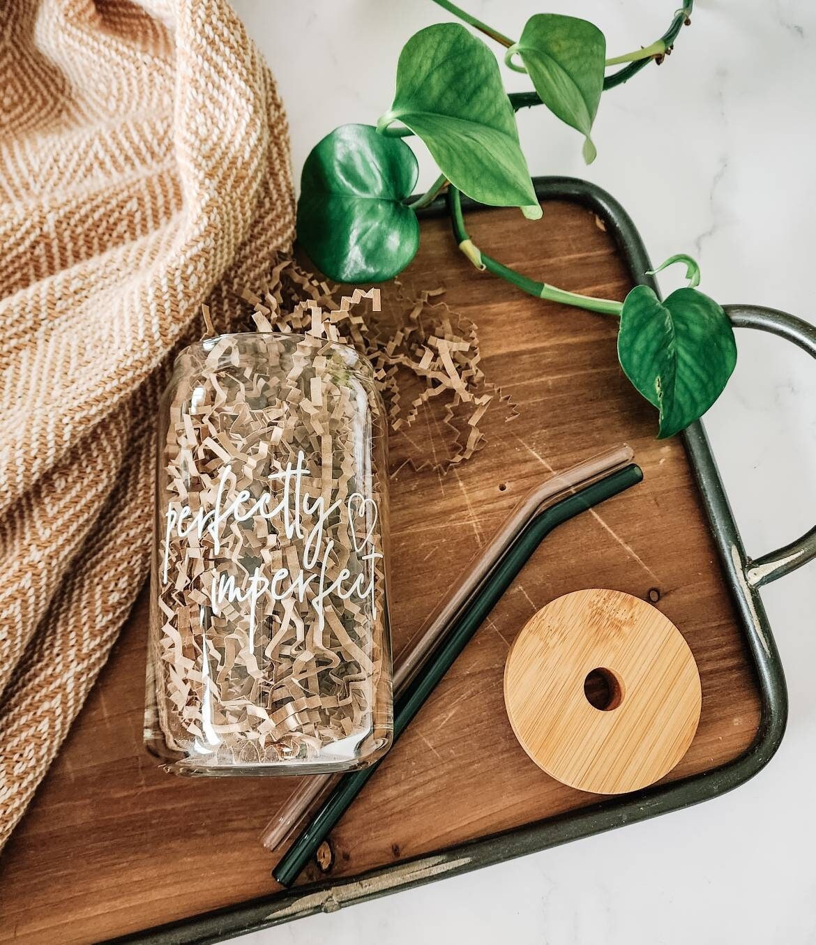 Perfectly Imperfect Cup | perfectly imperfect Glass Cup | Beer Can Glass | Glass Cup w Bamboo Lid | Iced Coffee Glass w Straw