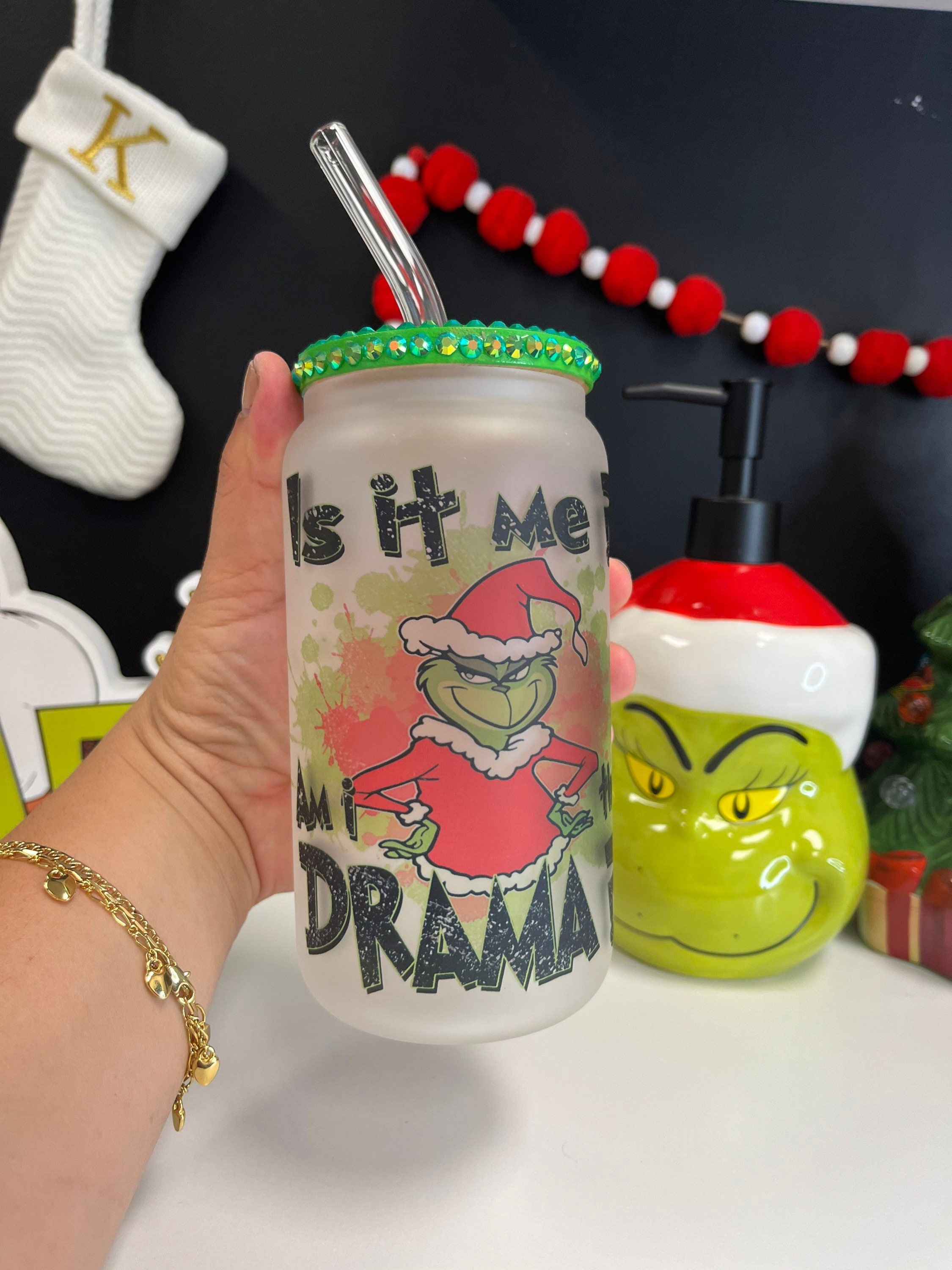 Am I the drama? grinch frosted glass can, Custom glass can, Grinch Christmas glass can