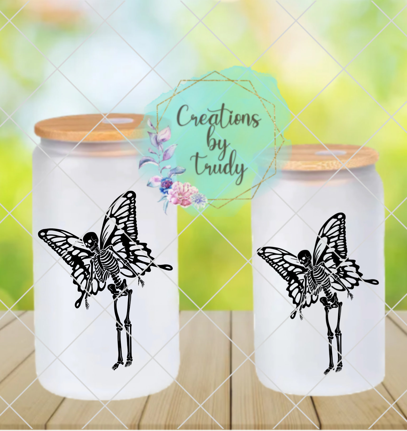 Skeleton with wings- frosted can shaped glass with lid and straw