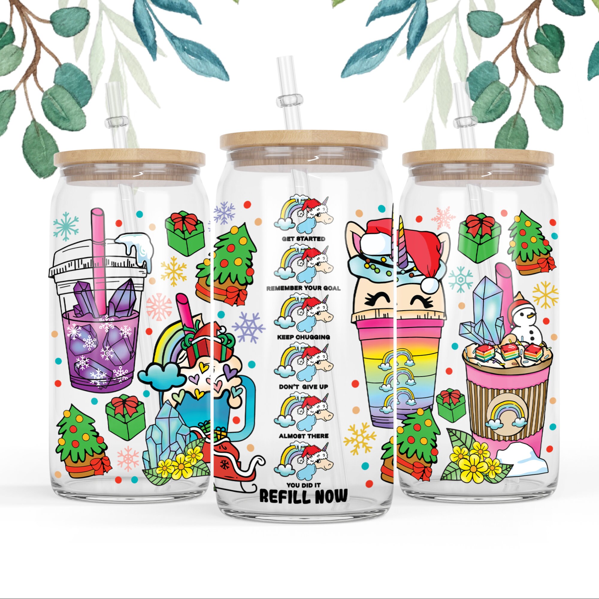 16 oz Libbey Beer Glass Can Christmas Hand drawn Water Tracker Refill water Colorful Unicorn drinks  latte iced Coffee rainbow,Unicorn lover