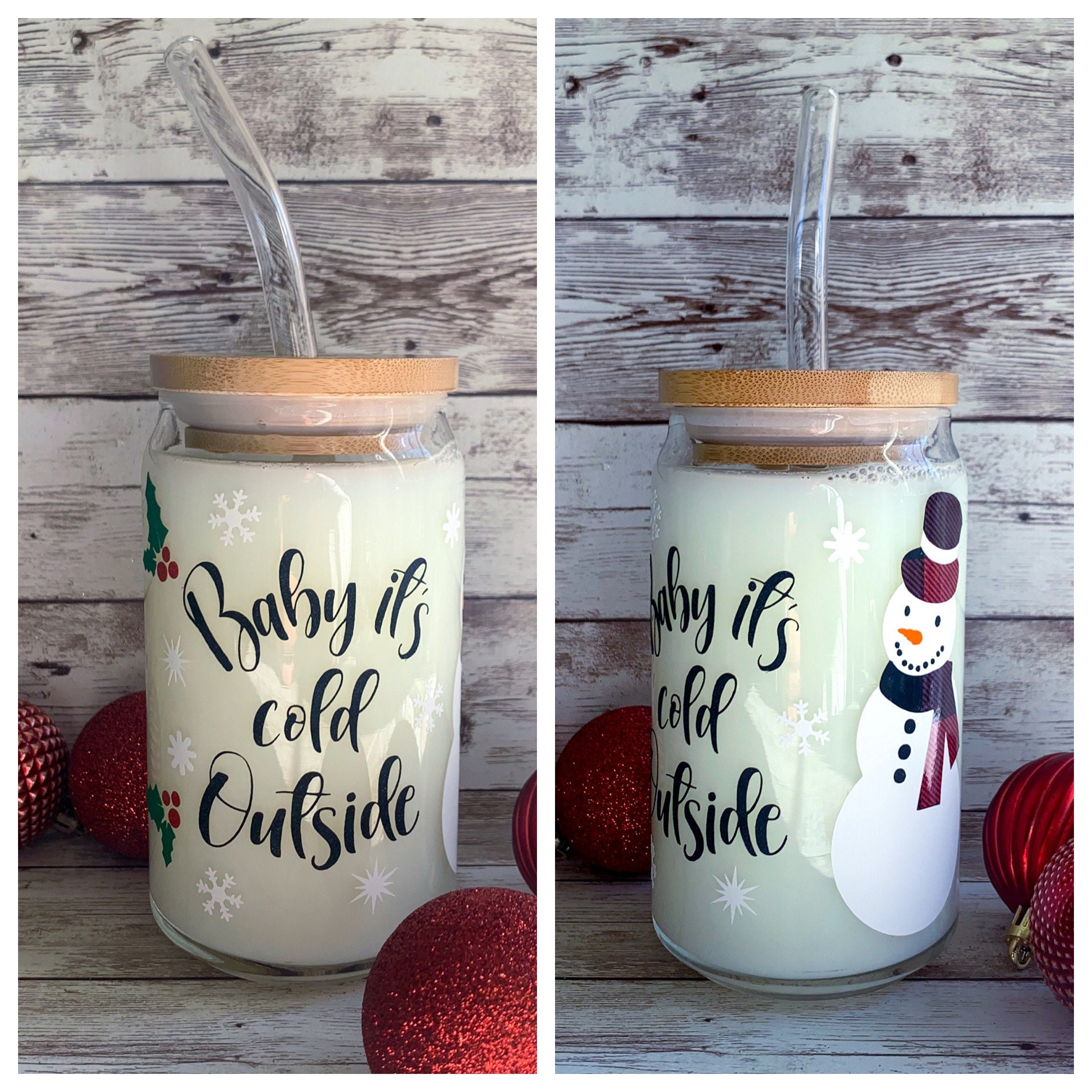 Christmas Snowman Beer Can Glass / Holiday Cups / Personalized Christmas Gift for Her / Baby its Cold Outside / Iced Coffee Cup / Winter