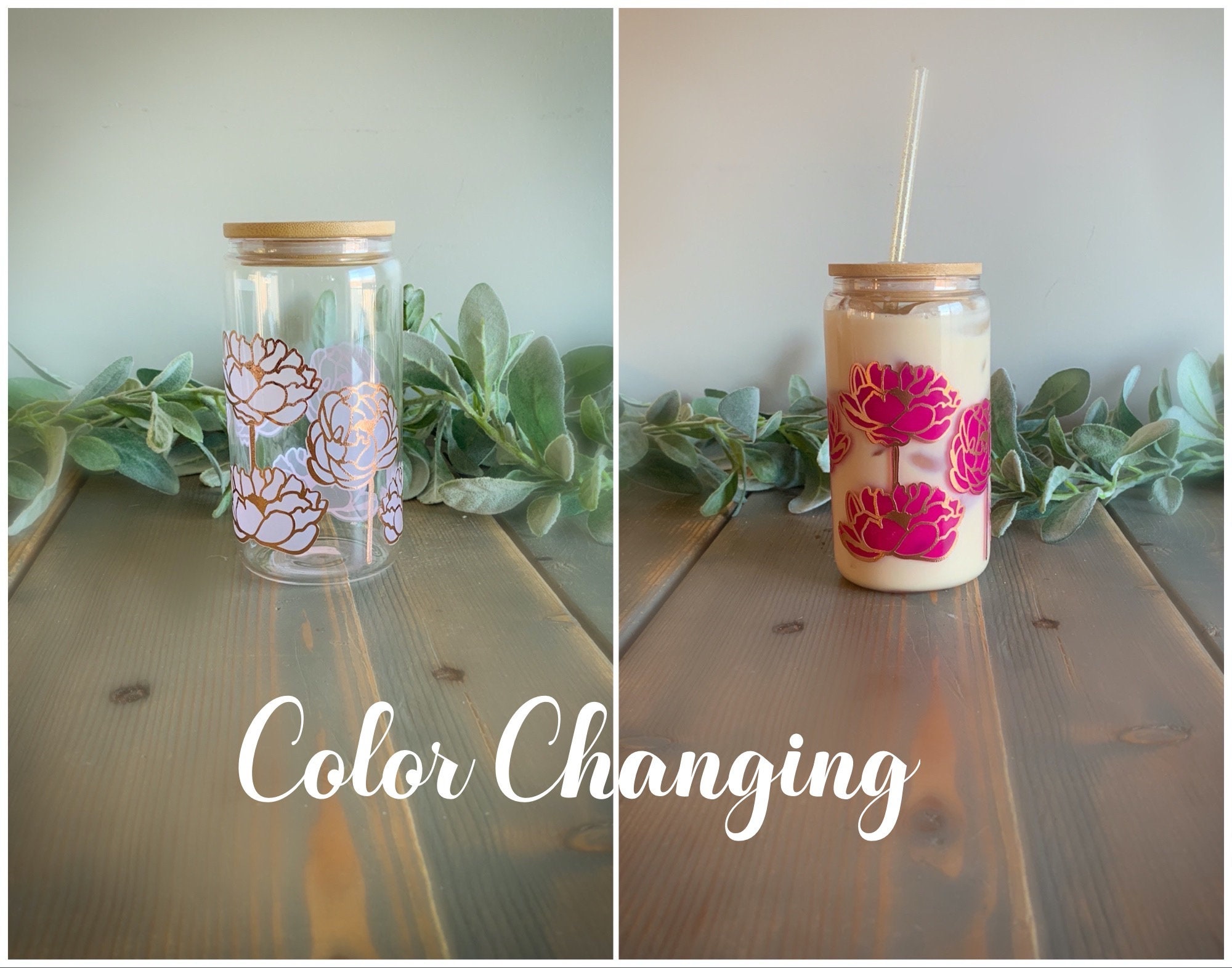 Color changing Cup- Pink Peony / Libbey cup/Floral beer can cup/ glass beer can cup/ Color changing cup