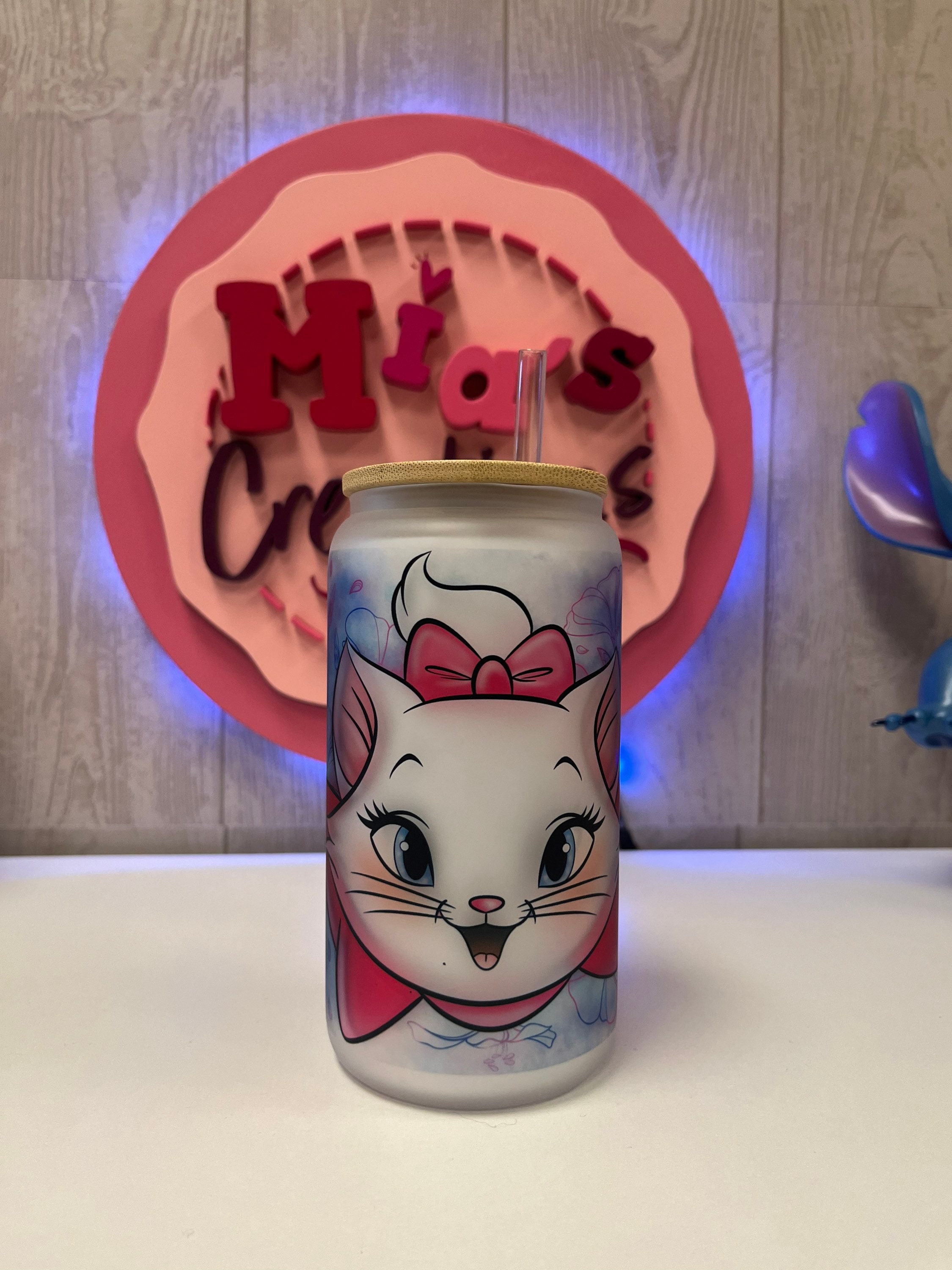 Marie Cat frosted glass can, Aristocats frosted glass can, Marie glass can