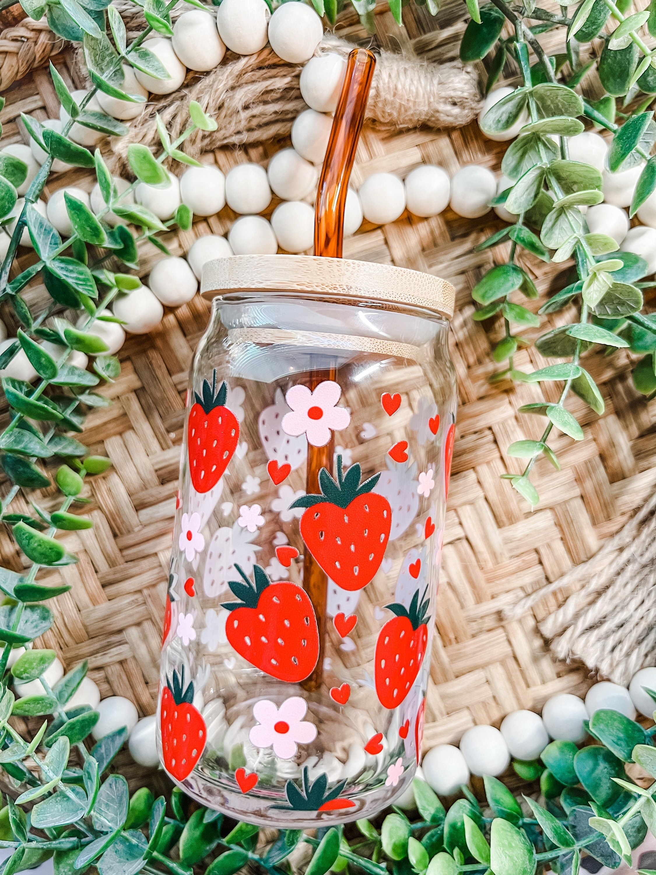 Strawberry Beer Can Glass | Floral and Straw Cup | Fruit Glass | Summer Strawberry Iced Coffee Cup