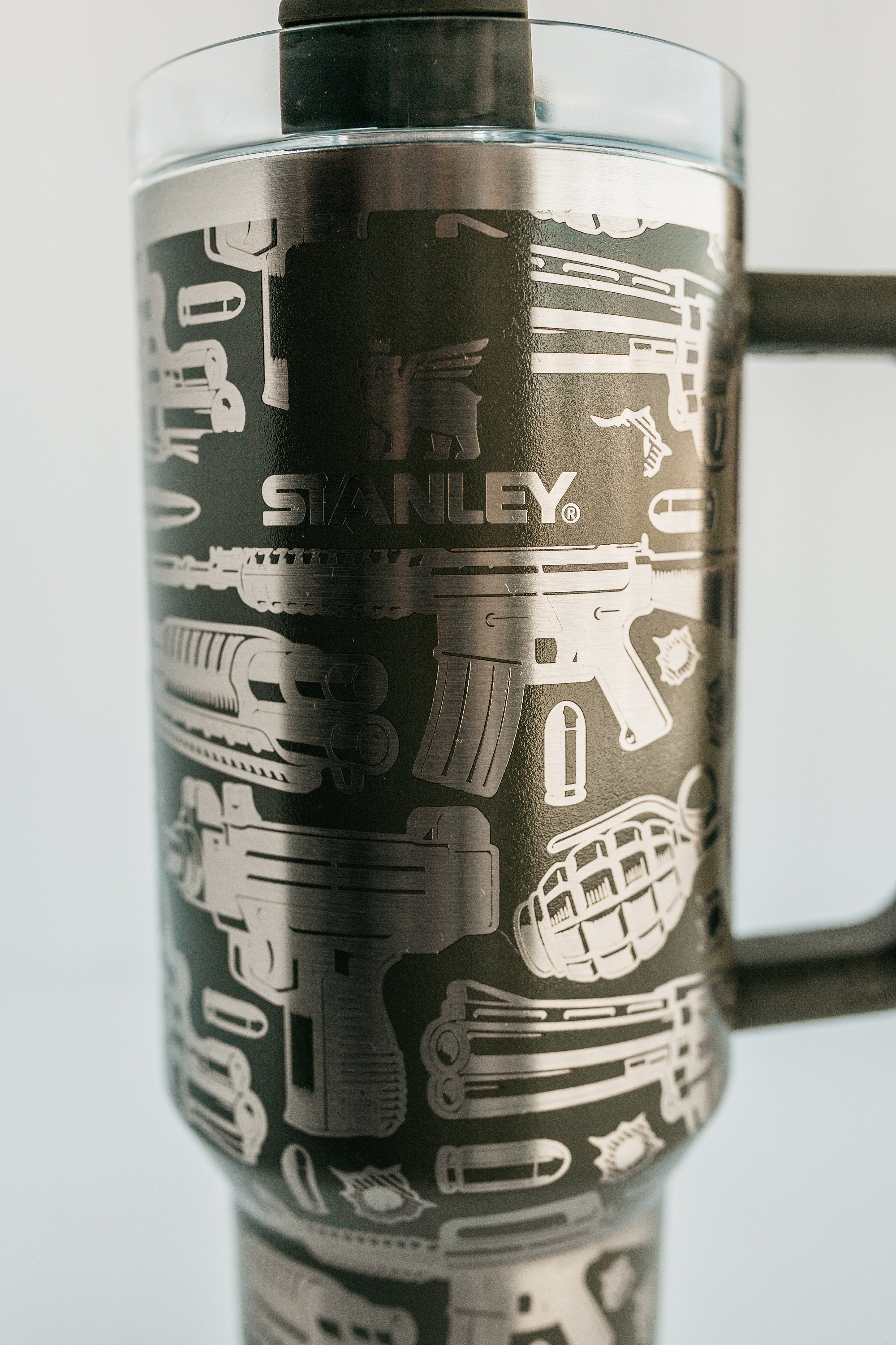 Stanley 40oz tumbler | Custom Engraved with Guns, Grenades & bullet holes – Perfect for Fathers day, Mens Bday, military