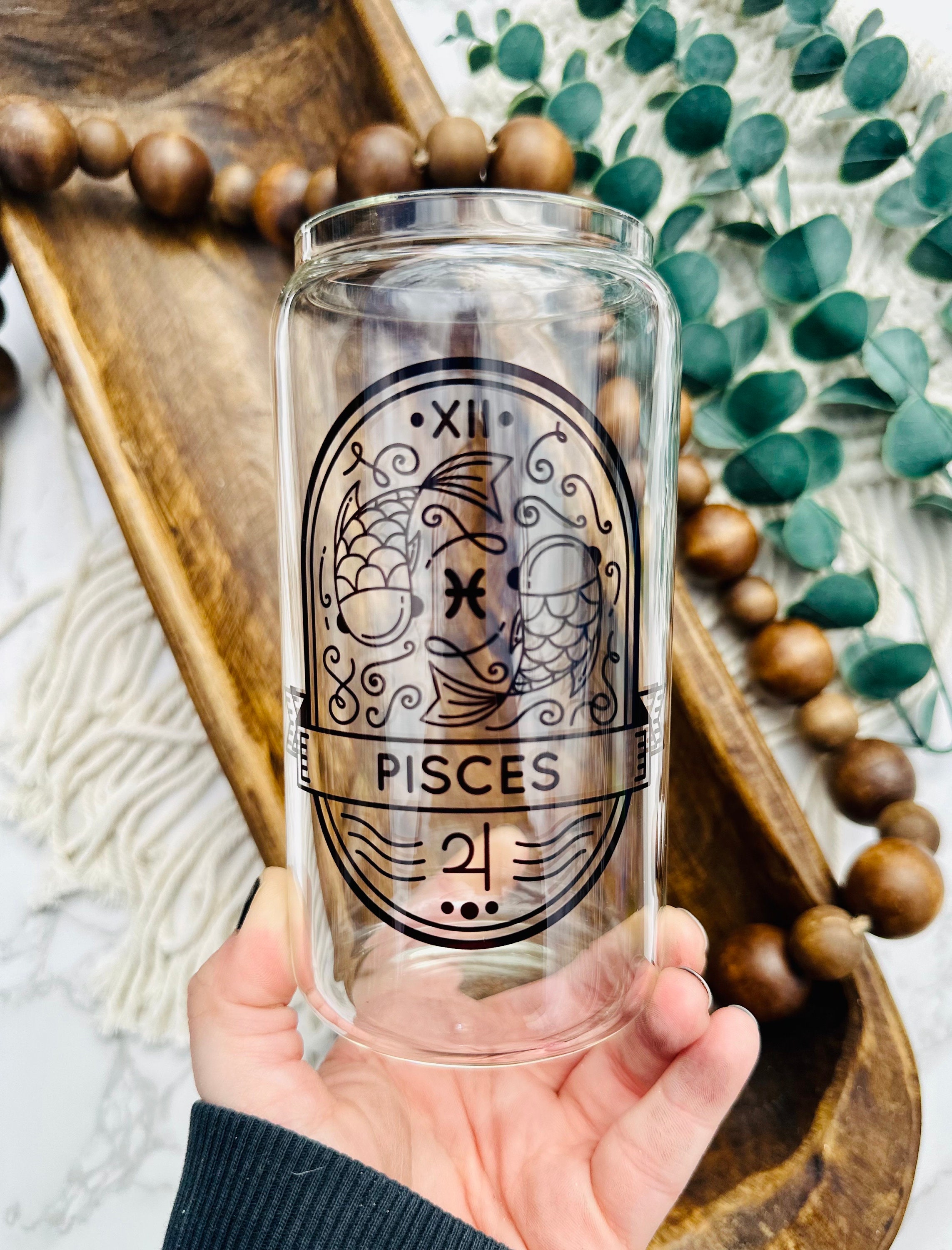 Zodiac beer can glass, sublimation glass, bamboo lid and straw, libbey glass, coffee glass, iced coffee glass