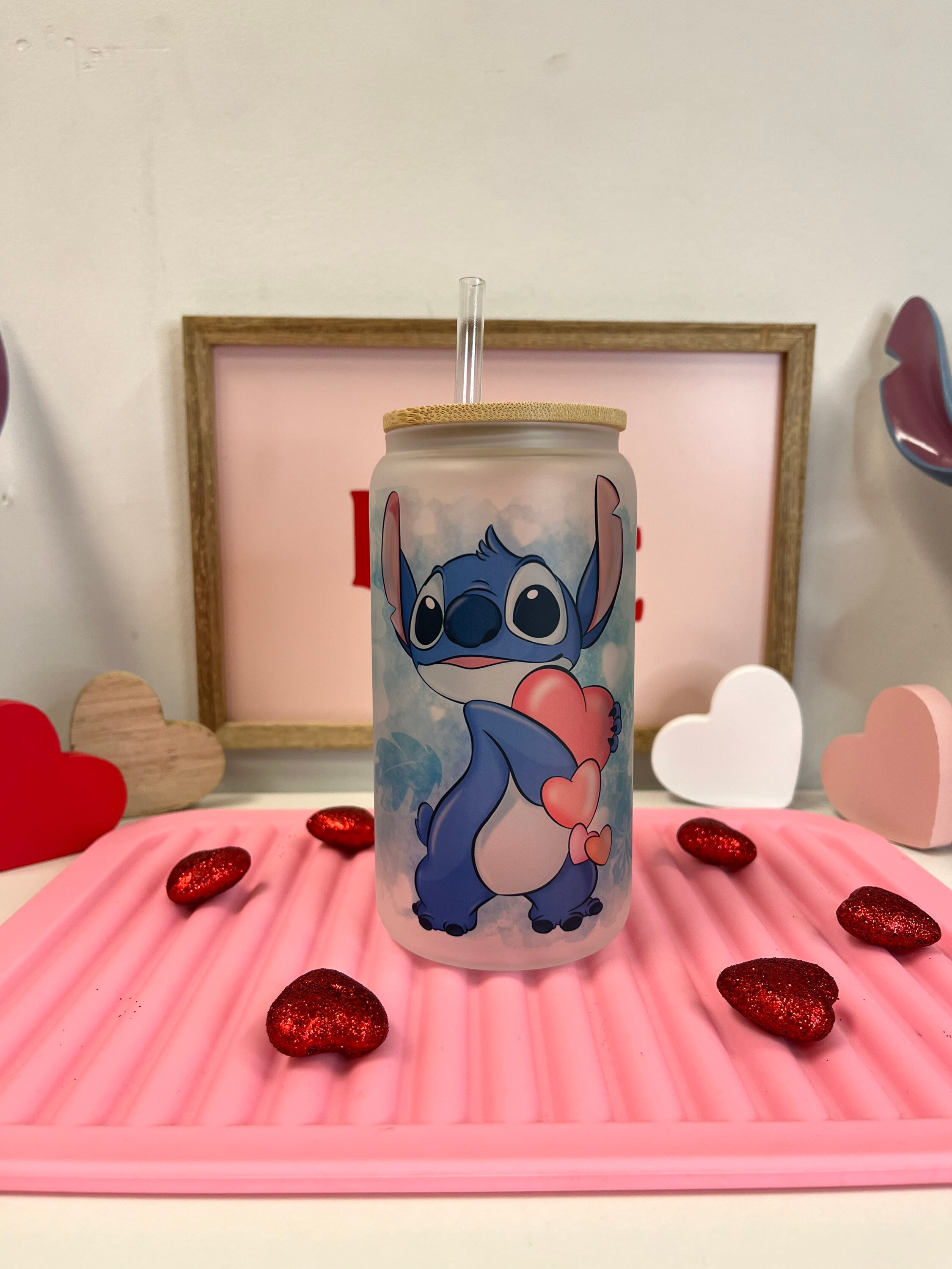 Stitch heart frosted glass can, Custom glass can, Stitch frosted glass can