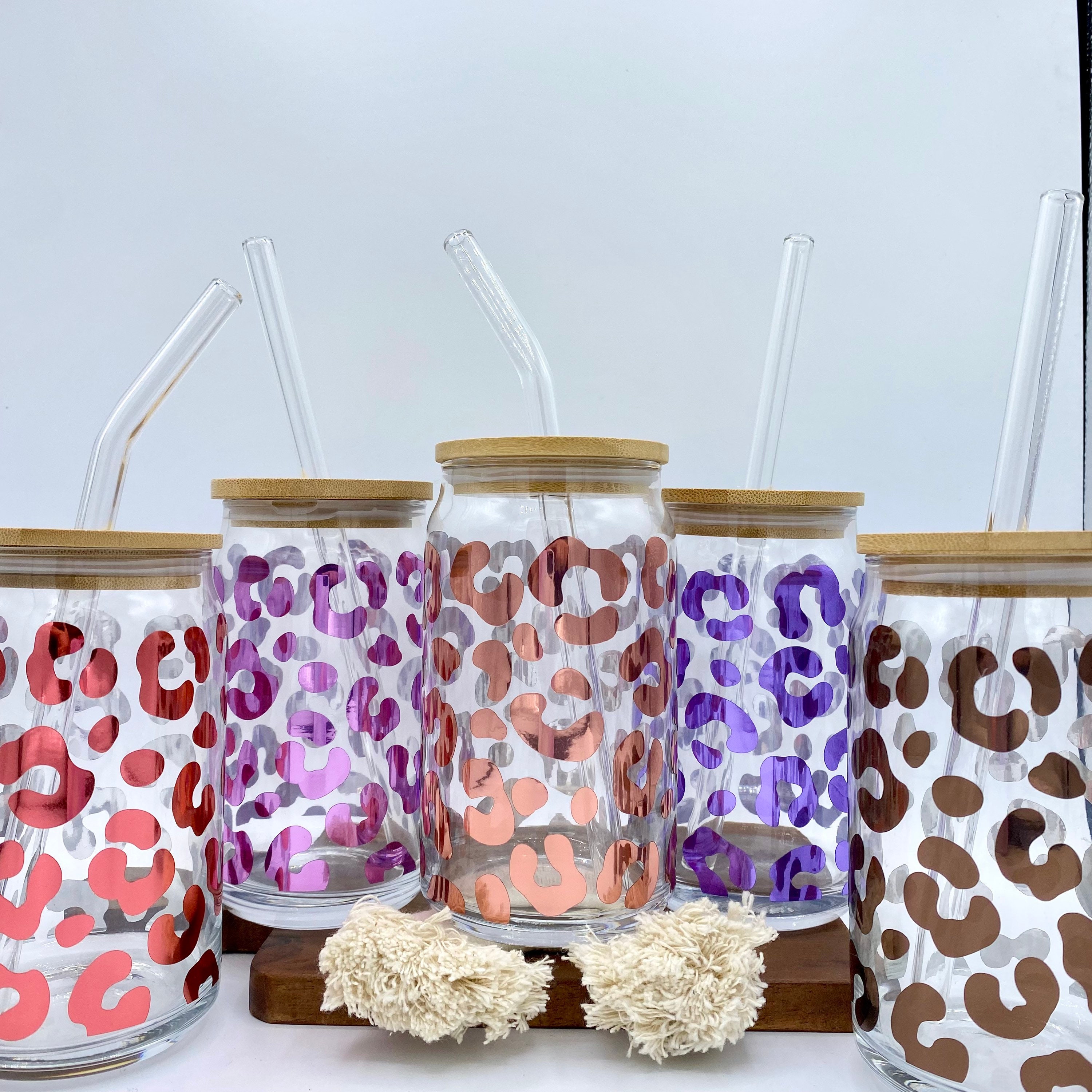 Chrome Leopard Print Iced Coffee Cup 16oz Glass Soda Can Reusable Cup w/ Bamboo Top Glass Straw Glass Libby Glass Beer Can Cup Gift for Her