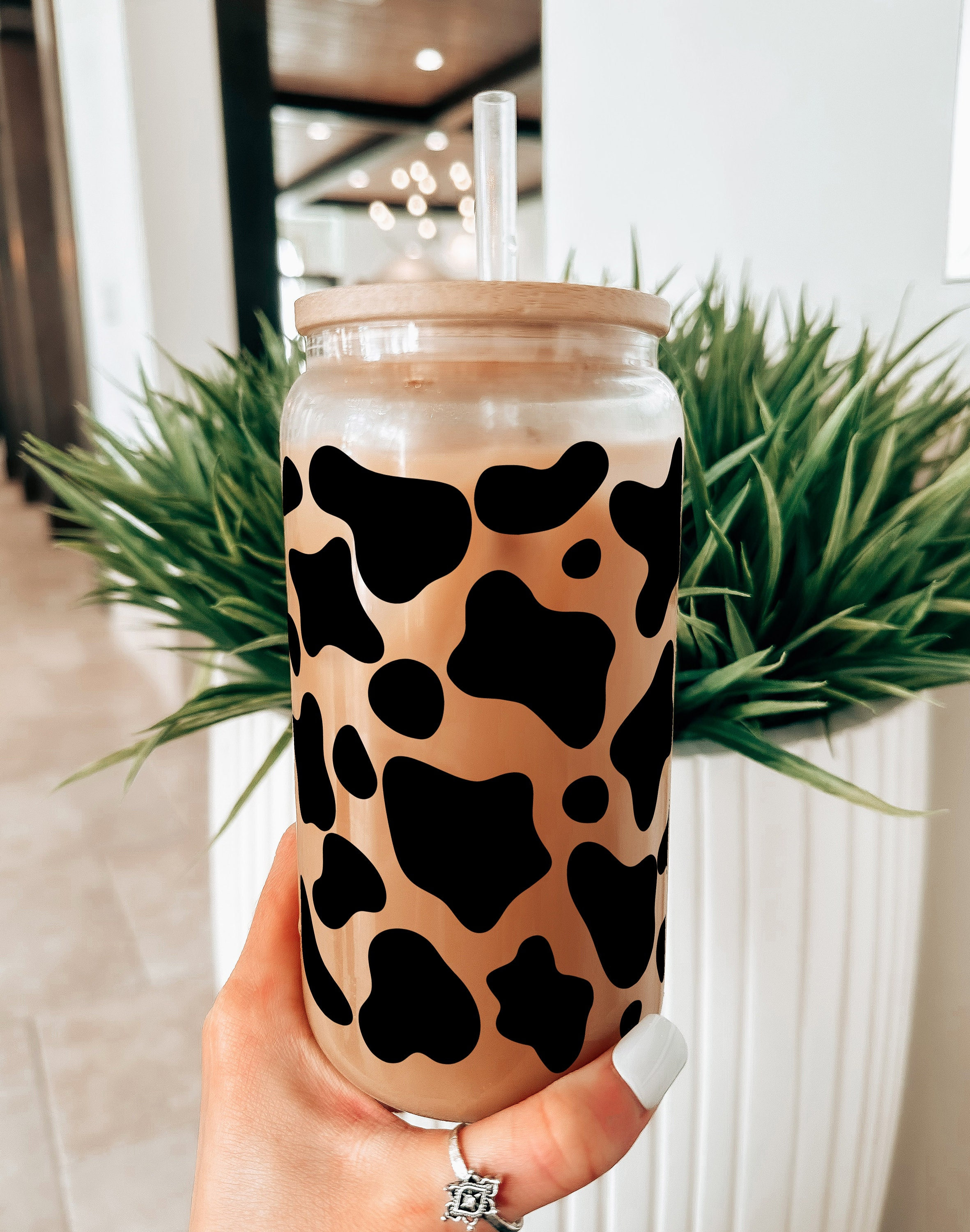 Cow Glass Tumbler, Iced Coffee Glass Cup, Trendy Pattern Aesthetic Coffee Mug, Minimalist Glass Cup, Cow Print Cup Personalized Soda Glasses