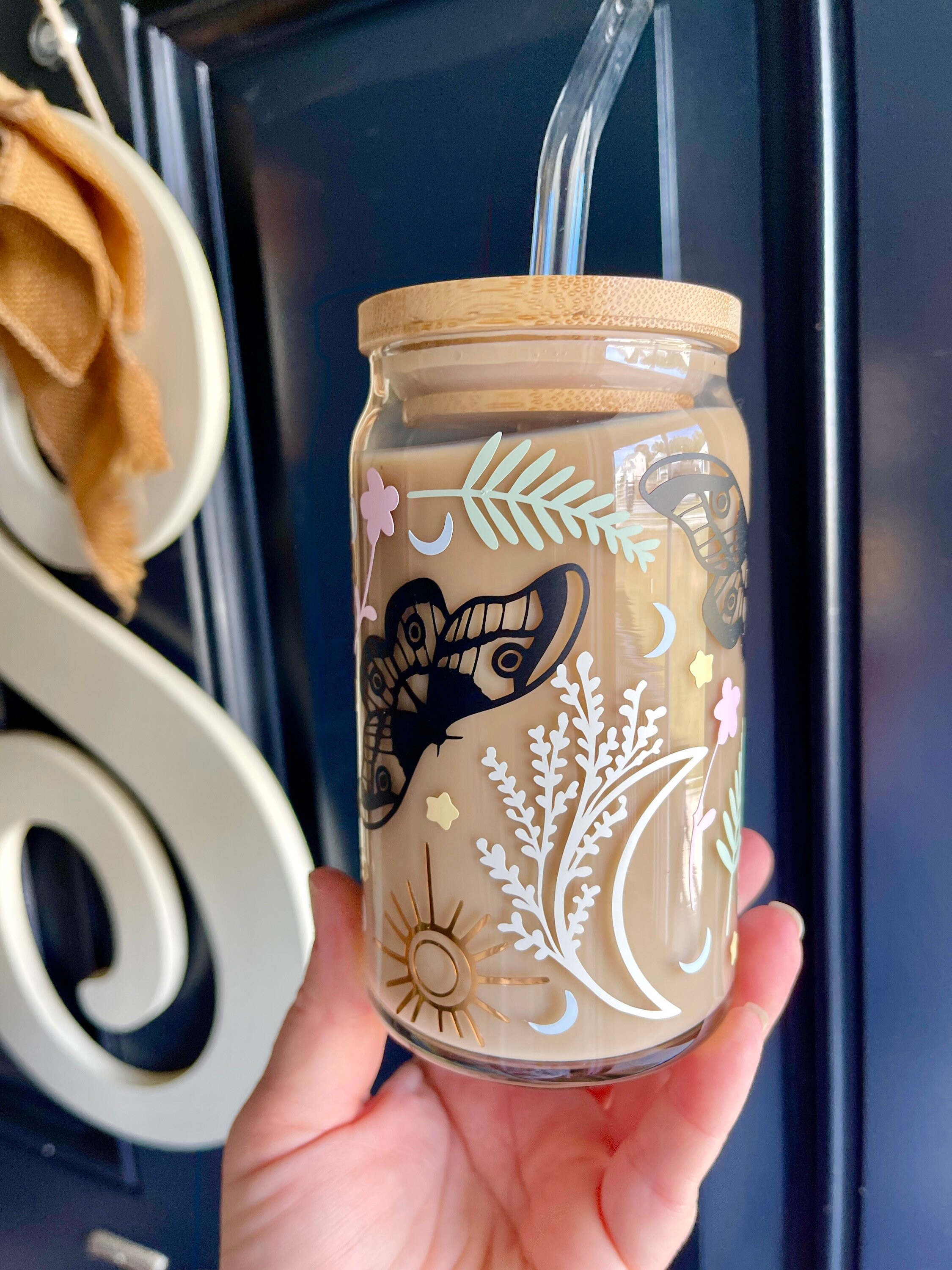 Celestial moth Beer Can Glass | celes coffee glass | Best Friend gifts |  moon and stars | iced coffee glass