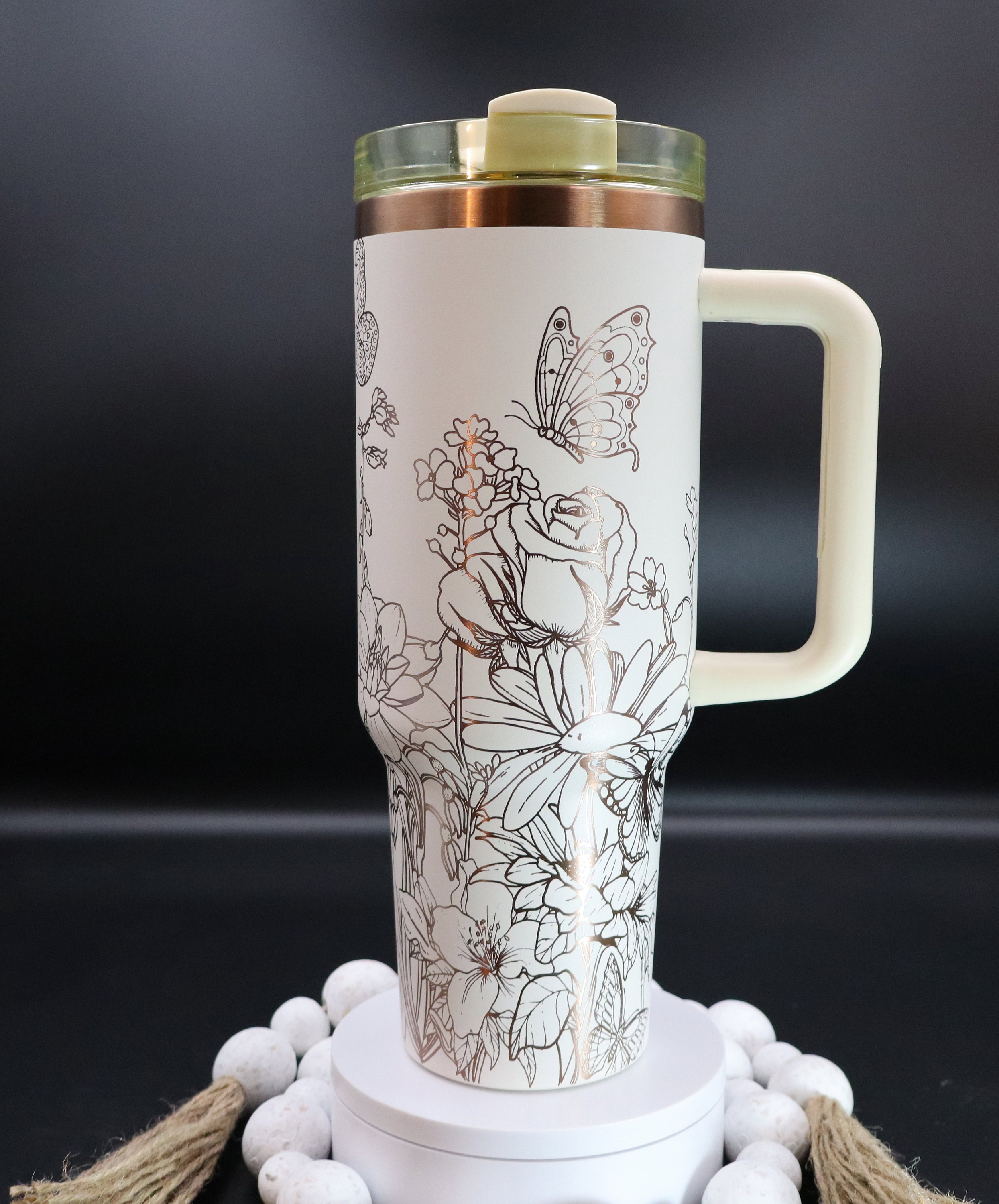 Butterflies Blooming Garden Laser Engraved 40oz Tumbler with Handle Lid and Straw, Custom Seamless Tumbler, Double Wall Insulated Cup