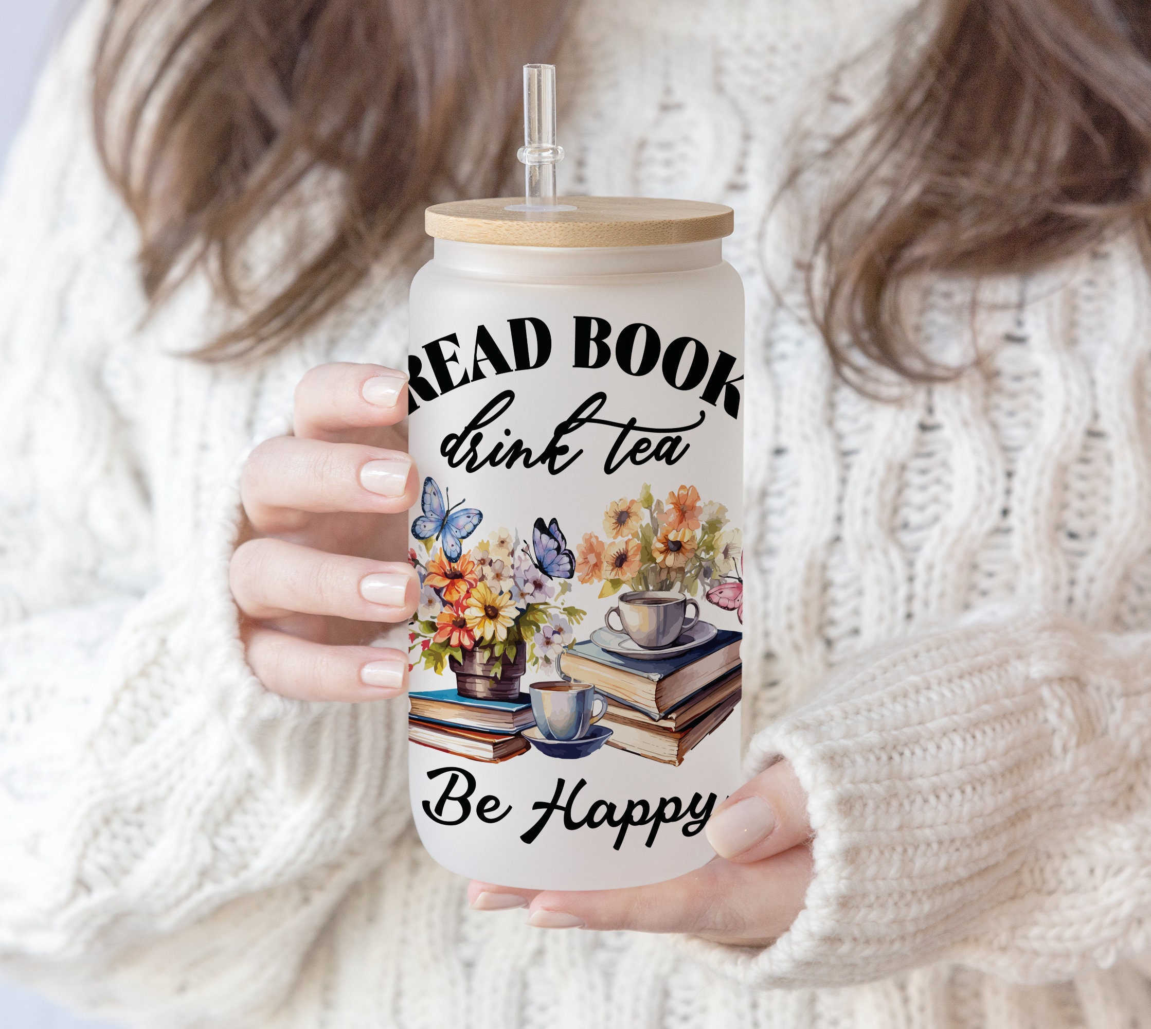 16 oz Libbey Beer Glass Can Boho Read book with Tea | Reading Lover | Funny Book Lover Floral Book | Reader Book Quotes Bookworm Booktrovert