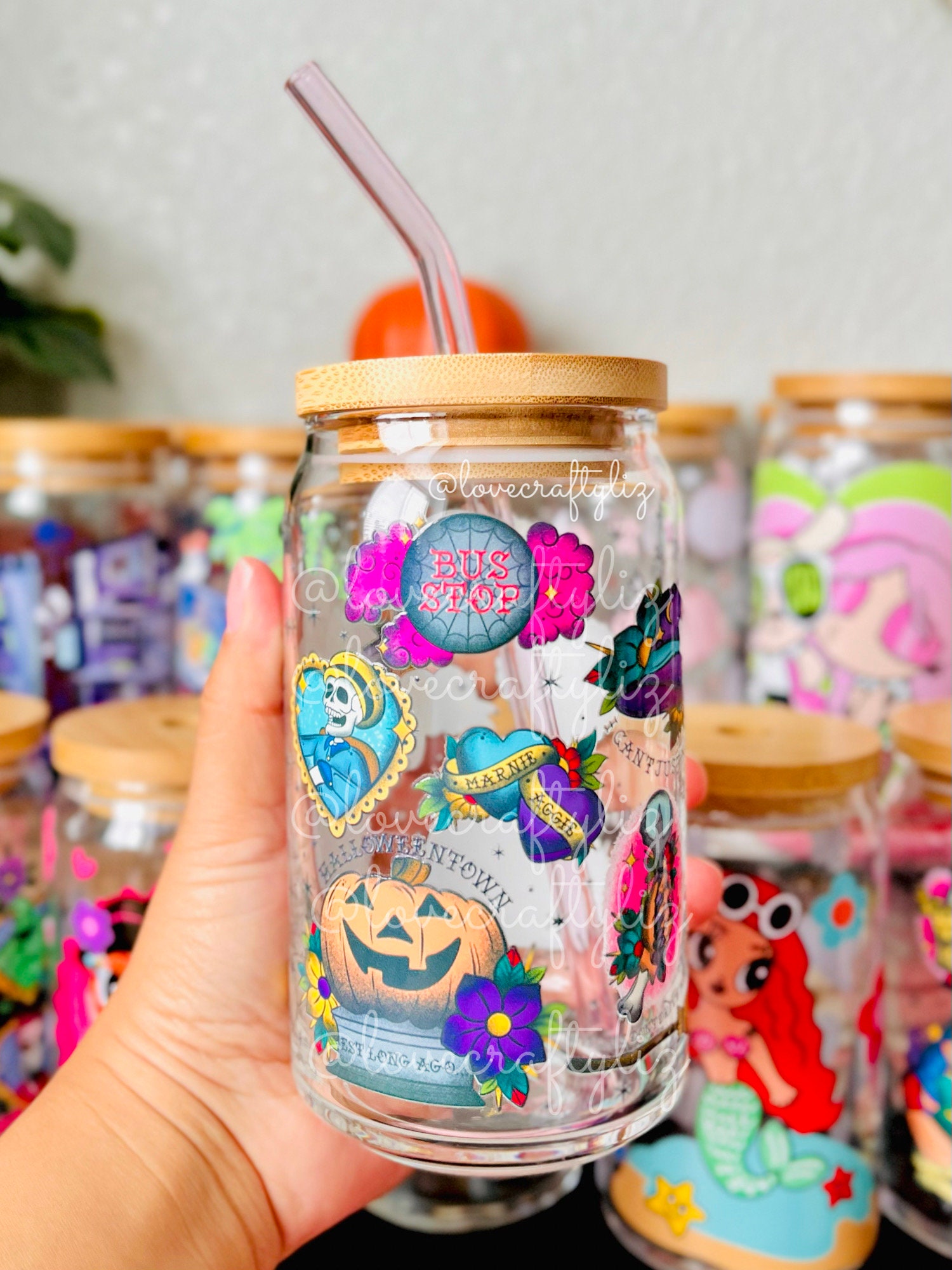 Halloween Pumpkin Town 16oz Beer Can Glass | Fall Cup | Iced Coffee | Spooky | Gift | Autumn | Mouse | Skeleton Taxi Bus Stop| Witchy