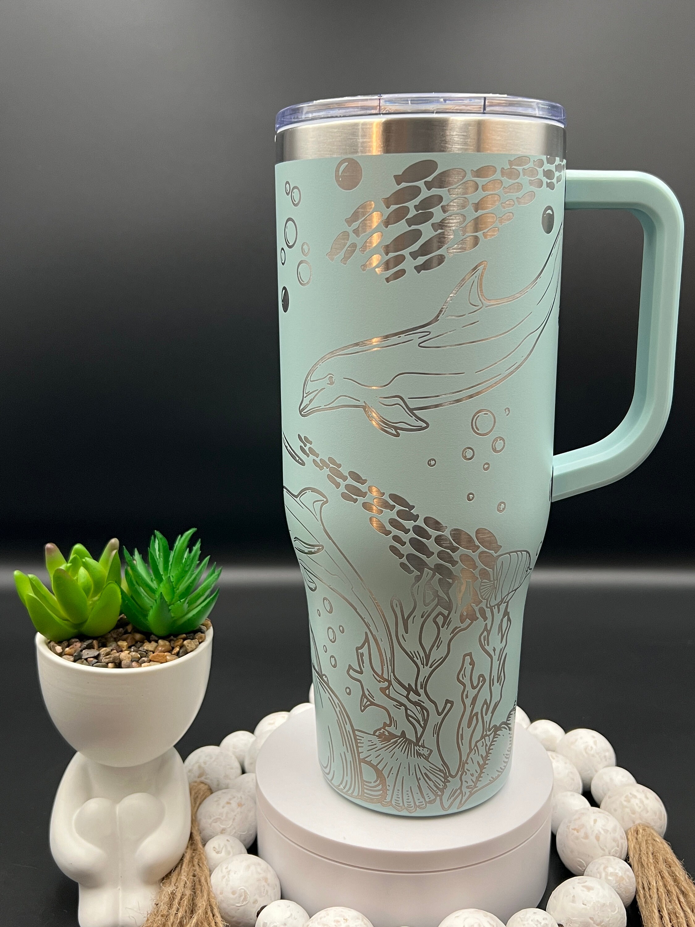 Dolphins Laser Engraved 40oz Tumbler with Handle Lid and Straw, Custom Engraved Seamless Tumbler, Double Wall Insulated Cup